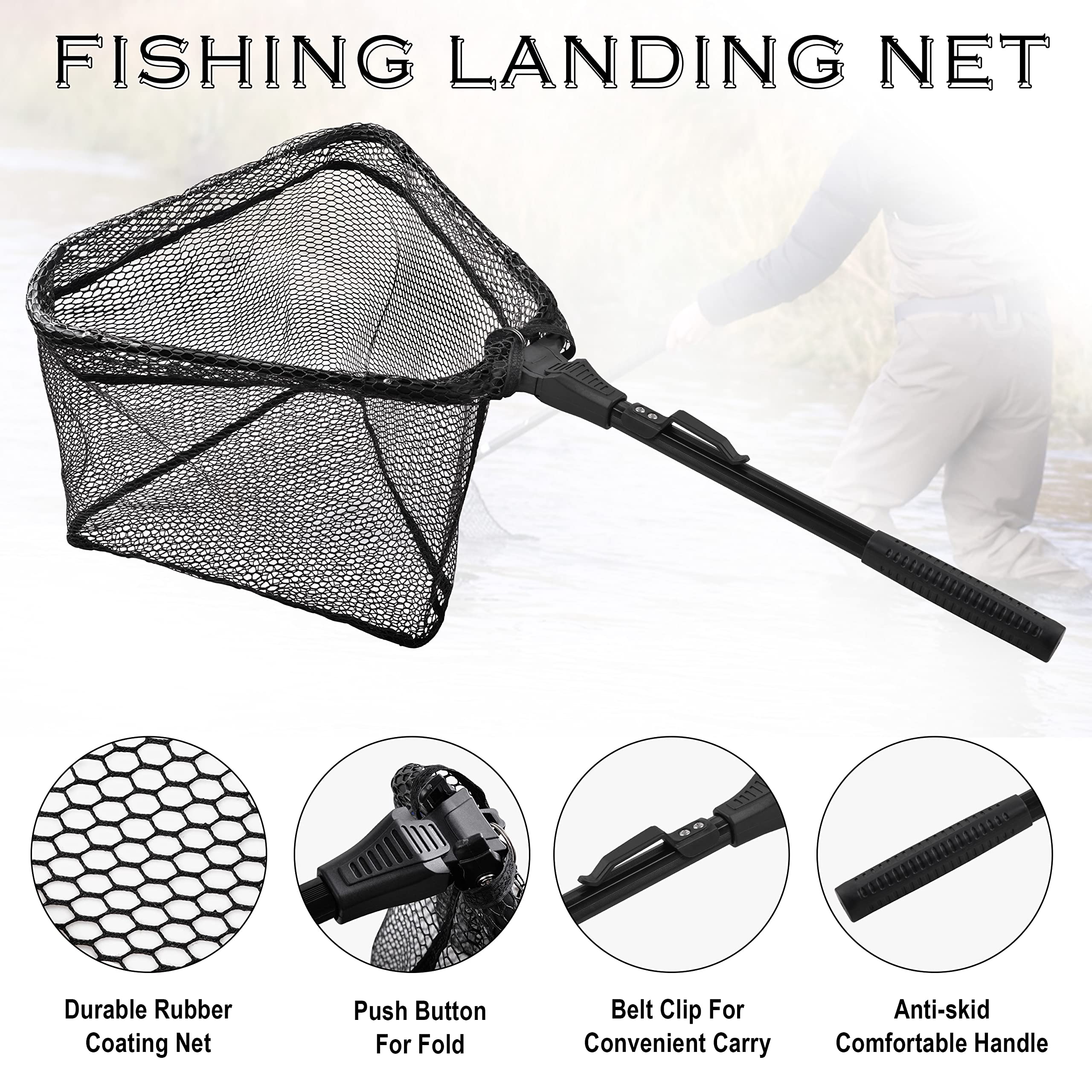 Portable Folding Fishing Landing Net with Telescopic Handle - Collapsible Rubber Mesh Net for Kayak, Boat, Saltwater & Freshwater Fishing - Safe Catch & Release - Ideal for Anglers, Kayaking, and Outdoor Adventures