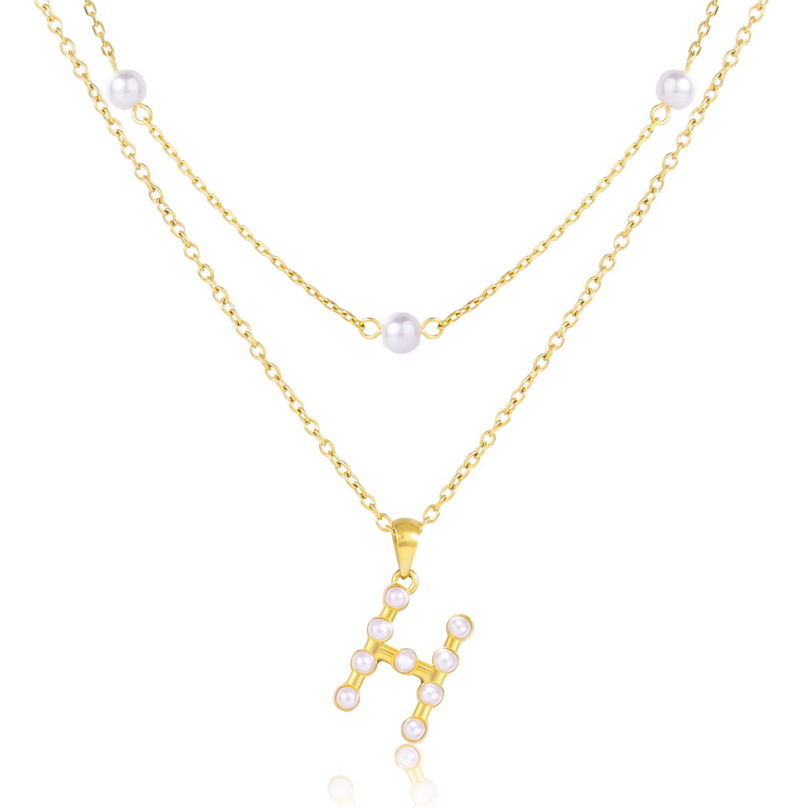 14K Gold Pearl Initial Necklace for Women & Girls - Trendy Dainty Letter Jewelry Gift for Teens - Layered Link Chain Necklace for Everyday Wear, Birthdays & Special Occasions