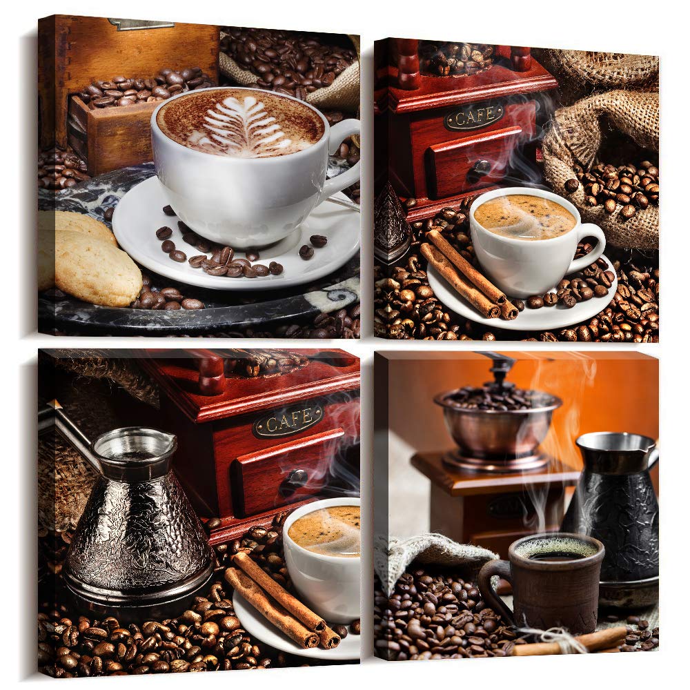 Modern Coffee Bean & Cup Canvas Wall Art - 4 Panel Framed Kitchen Decor for Restaurants & Homes | Ready to Hang Contemporary Painting for Dining Room & Coffee Shop Decoration
