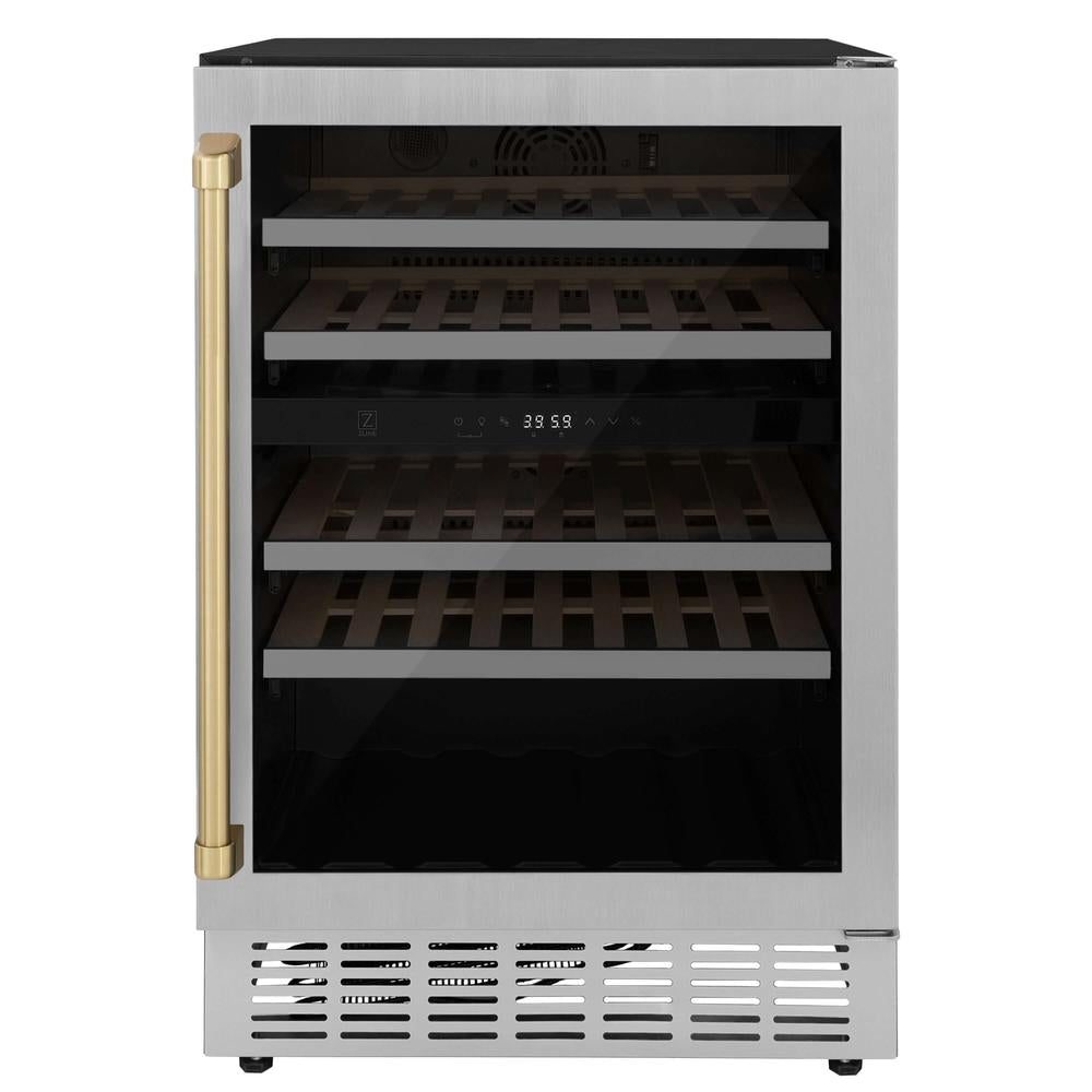 ZLINE Autograph Edition 24 Inch Stainless Steel Dual Zone 44 Bottle Wine Cooler with Champagne Bronze Accents - Perfect for Home Bars, Wine Cellars, and Entertaining Guests (RWVZ UD 24 CB)