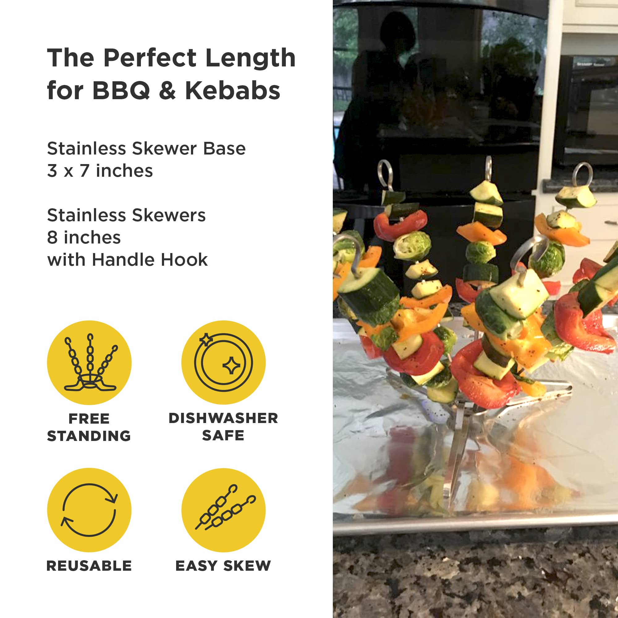 Premium Stainless Steel BBQ Skewer Set - 9 Vertical Flat Skewers with Stand for Grilling Kabobs | Includes Recipe Book & Assembly Guide | 8 Inch Rust-Resistant Metal Skewers for Perfect Shish Kebabs, Vegetables & Meat | Ideal for Backyard BBQs, Camping & Outdoor Cooking