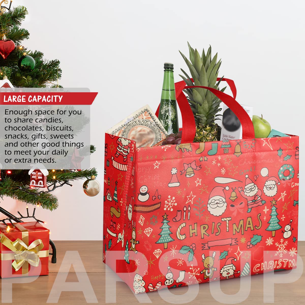 PARSUP Christmas Gift Bags with Handles - Reusable Holiday Tote Bags for Gift Wrapping, Shopping & Party Supplies | Perfect for Xmas Presents, Treats & Festive Decorations