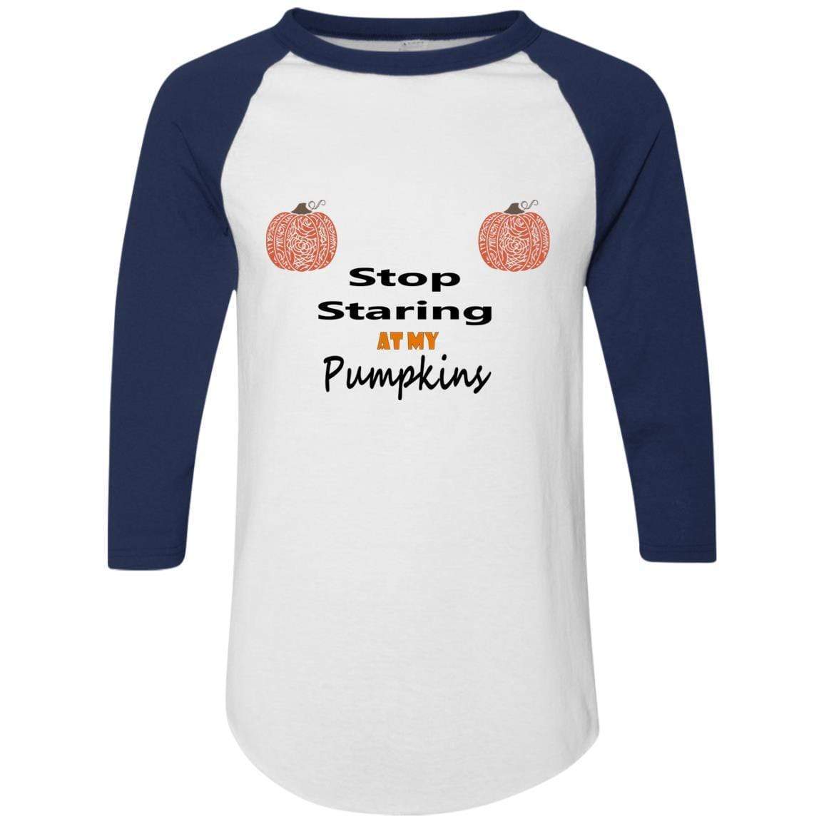 WineyBitches.Co Stop Staring At My Pumpkins Colorblock Raglan Jersey - Trendy Women's Fall Sweatshirt for Halloween, Thanksgiving & Cozy Seasonal Outfits