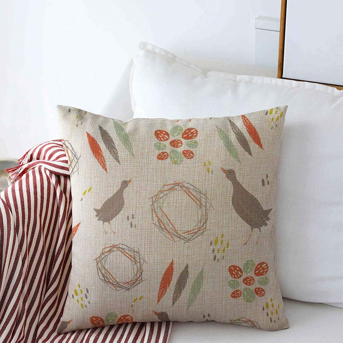 Easter Egg Throw Pillow Covers 16x16 - Abstract Doodle Quail Bird Boho Design Linen Cushion Cases for Sofa, Couch & Home Decor - Perfect for Spring Decor, Easter Gifts & Boho Living Room Accents