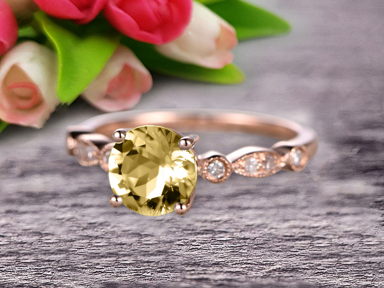 1.25 Carat Round Cut Champagne Diamond Moissanite Engagement Ring in 10k Rose Gold - Art Deco Vintage Style for Wedding, Proposal & Anniversary Gifts