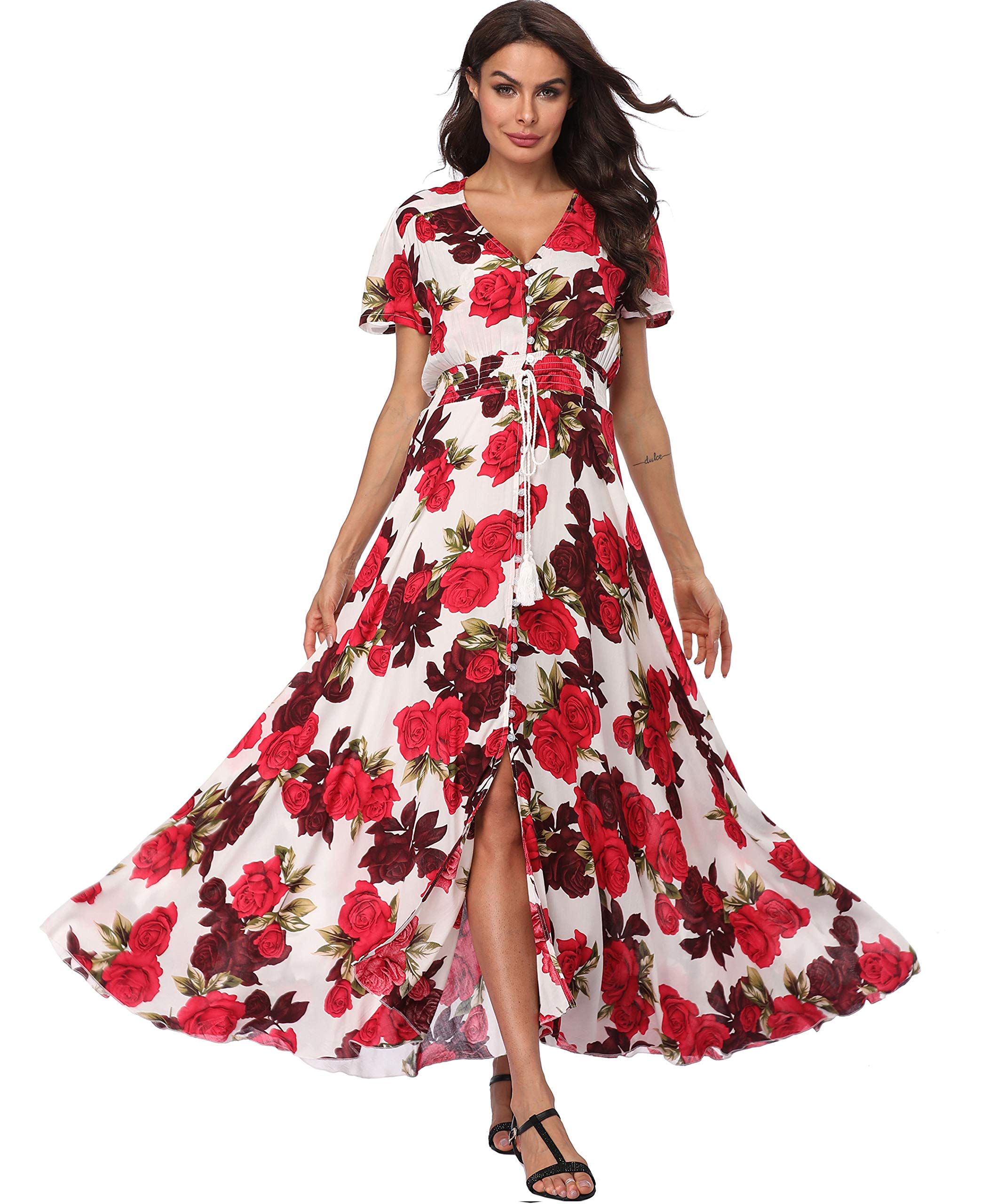 Boho Floral Maxi Dress for Women - Summer Button Up Beach Dress with Side Slit & Flowy Skirt | Perfect for Beach Vacations, Music Festivals & Boho Chic Outfits