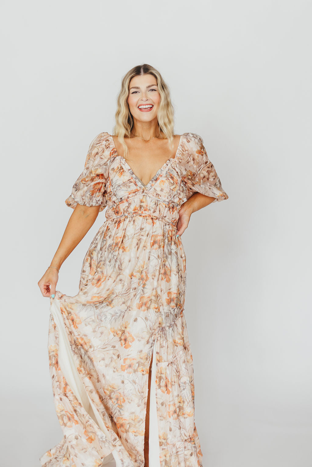Bump Friendly Daphne Maxi Dress in Beige Multi - Inclusive Sizing S to 3XL for Maternity, Plus Size & Casual Wear