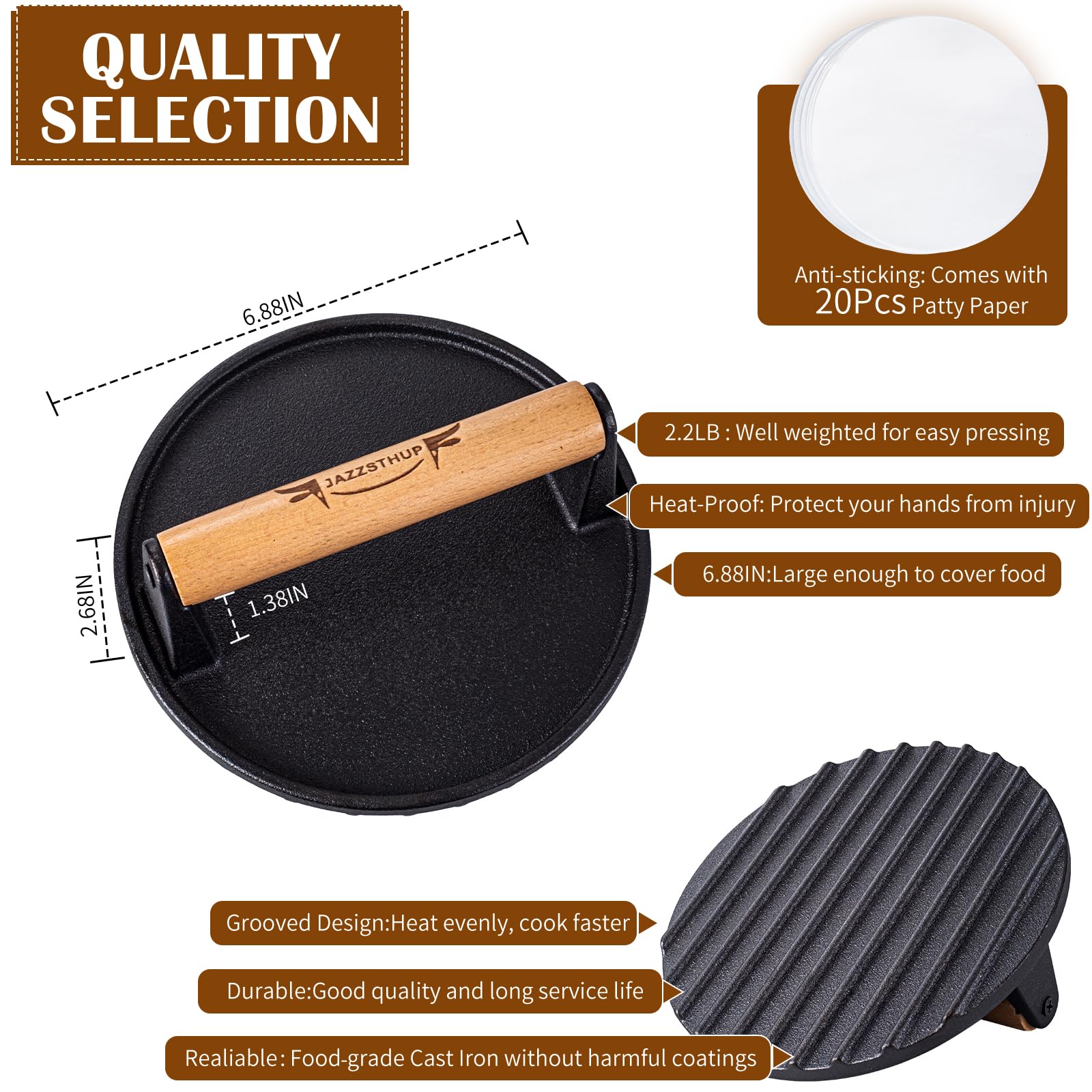 6.88 Inch Cast Iron Smash Burger Press with Wooden Handle - Heavy Duty Bacon Press & Hamburger Patty Maker for Grills & Griddles - Includes 20 Patty Papers - Perfect for Backyard BBQs, Diners & Home Cooking