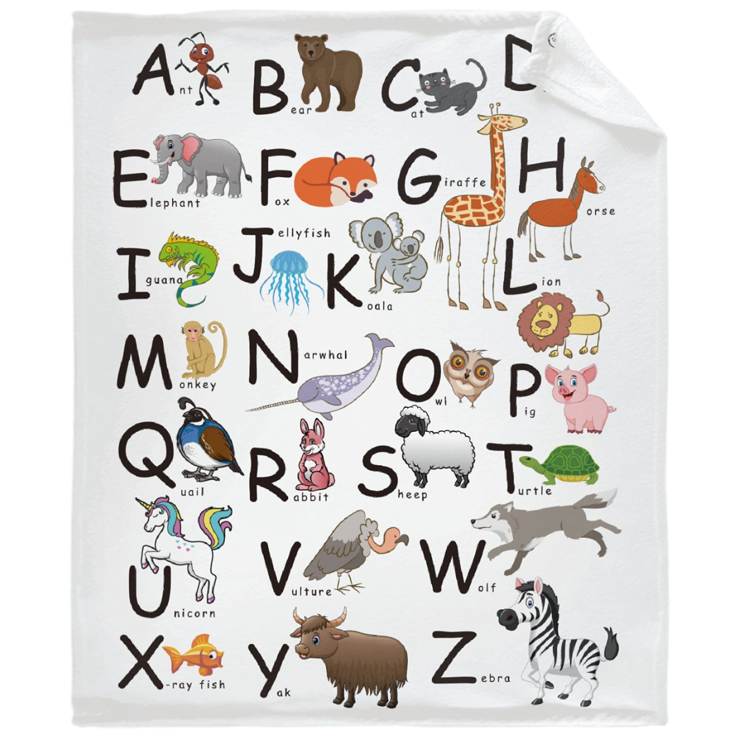 Soft Flannel Animal Alphabet Blanket - Zoo Themed Cozy Throw for Boys & Girls | All Season Home Decor, Perfect for Bed, Couch, Sofa & Dorm | X-Small 40x30 Inch Pet-Friendly Blanket | Ideal for Nursery, Kids Room & Gift Giving