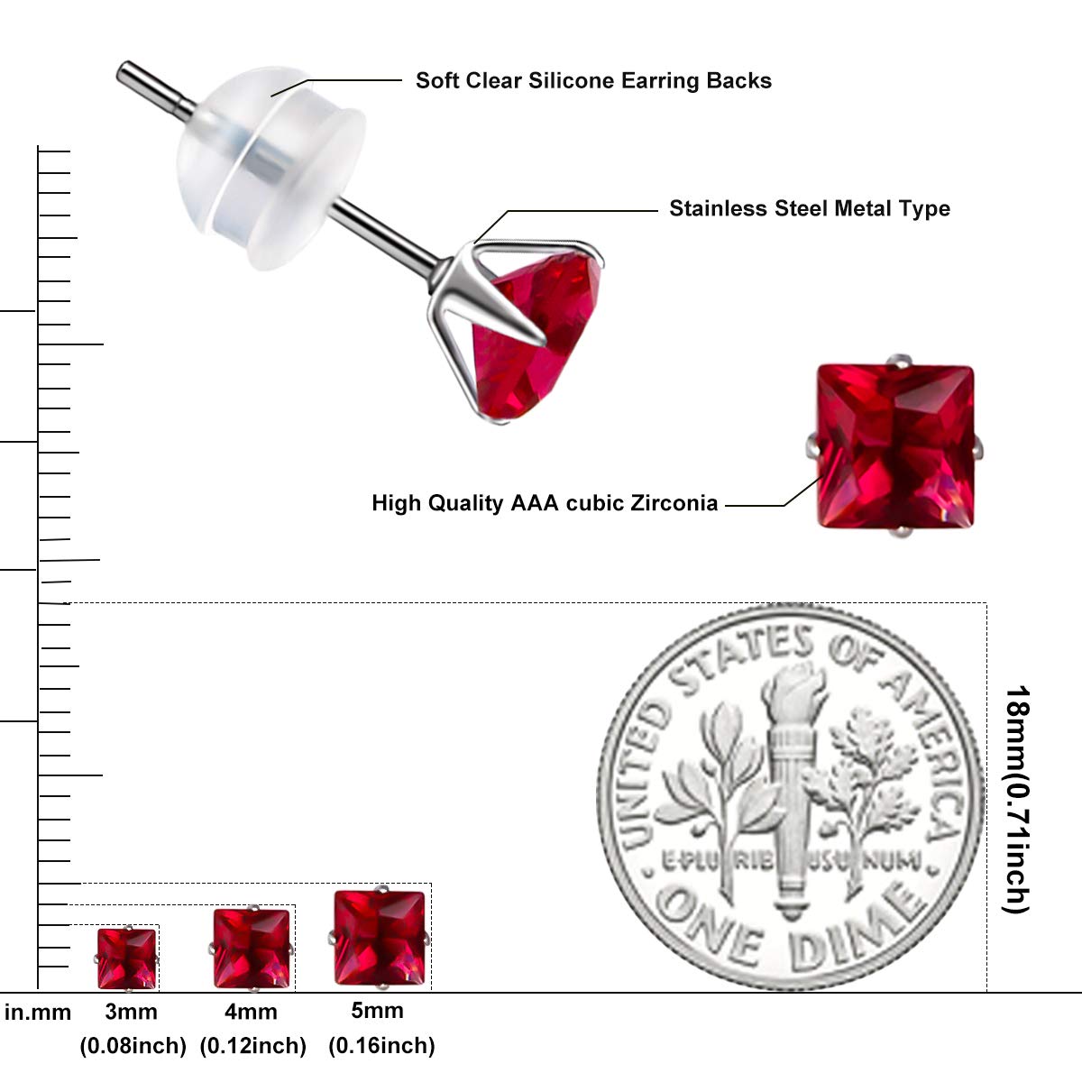 12 Pairs Stainless Steel Stud Earrings for Women - Princess Cut Square Cubic Zirconia Earrings, Birthstone Jewelry Set | Perfect for Gifts, Daily Wear & Special Occasions