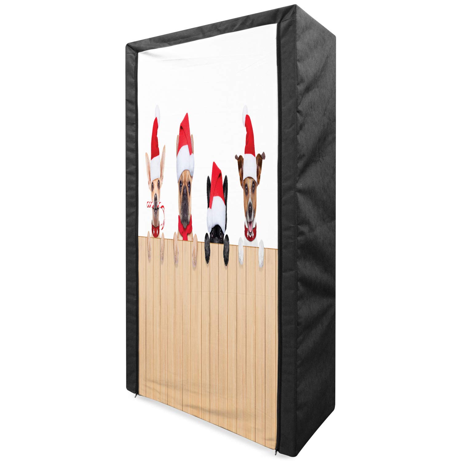 Ambesonne Christmas Portable Fabric Wardrobe - Santa Claus Dogs Over Wooden Fences Humorous Holiday Pet Design, 33.5 Inch Clothing Organizer with Shelves in Tan & Red | Perfect for Seasonal Storage, Bedroom Closet Organization & Gift Wrapping Station