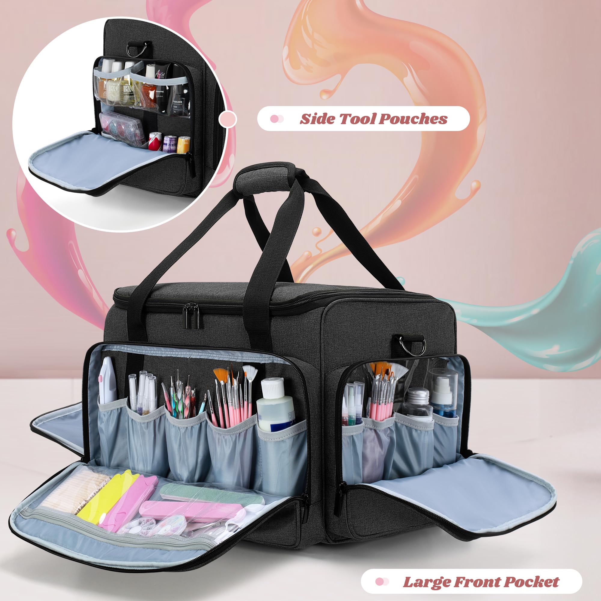 LUXJA Rolling Nail Polish Organizer - Holds 90 Bottles & Nail Lamp, Portable Nail Art Storage Case with Detachable Wheels & 3 Removable Trays (Patented) - Perfect for Salon Professionals & Home Nail Artists - Black