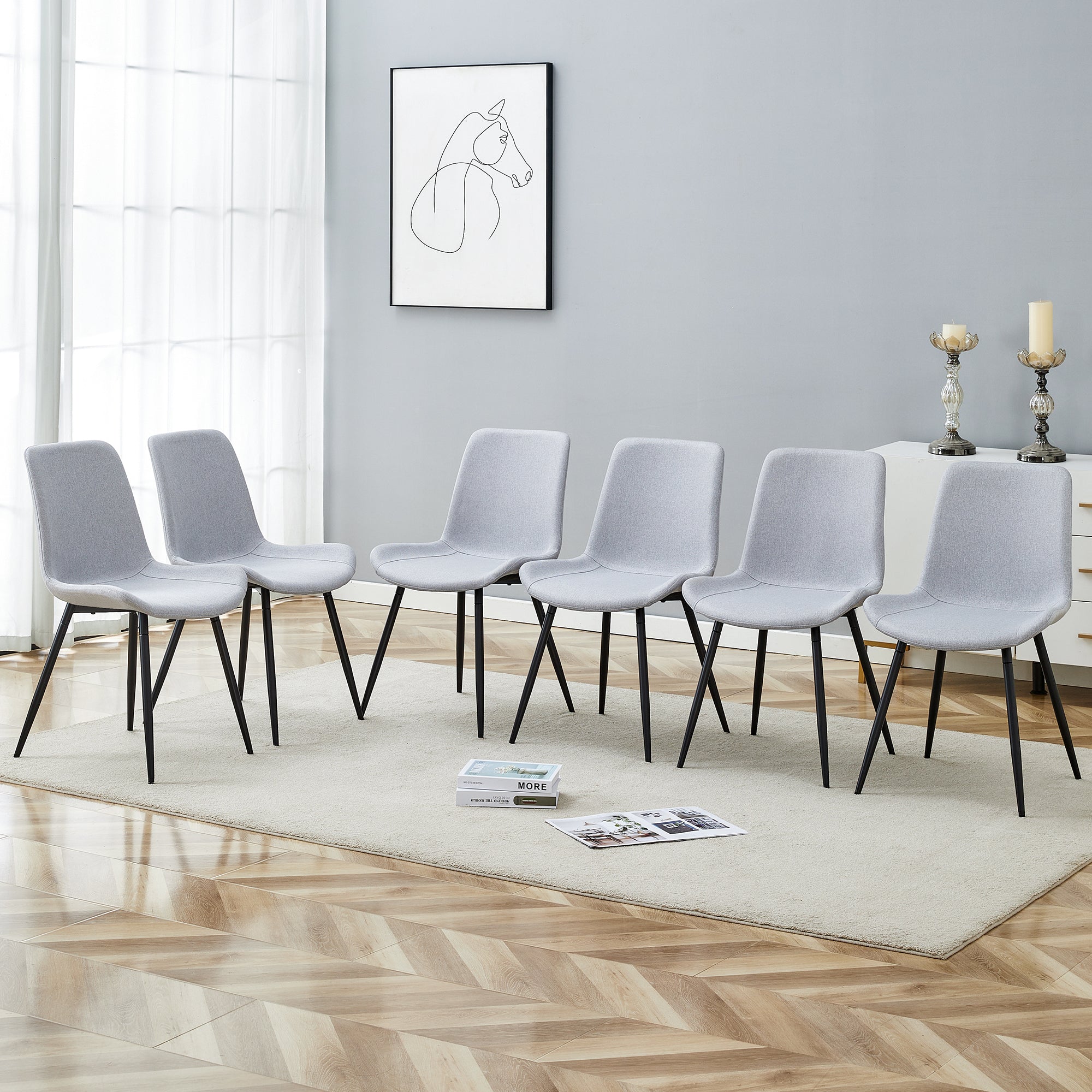 6-Piece Light Gray Linen Cotton Dining Chair Set - Ergonomic Curved Cushion Design for Comfortable Seating | Perfect for Dining Room, Kitchen, and Home Decor
