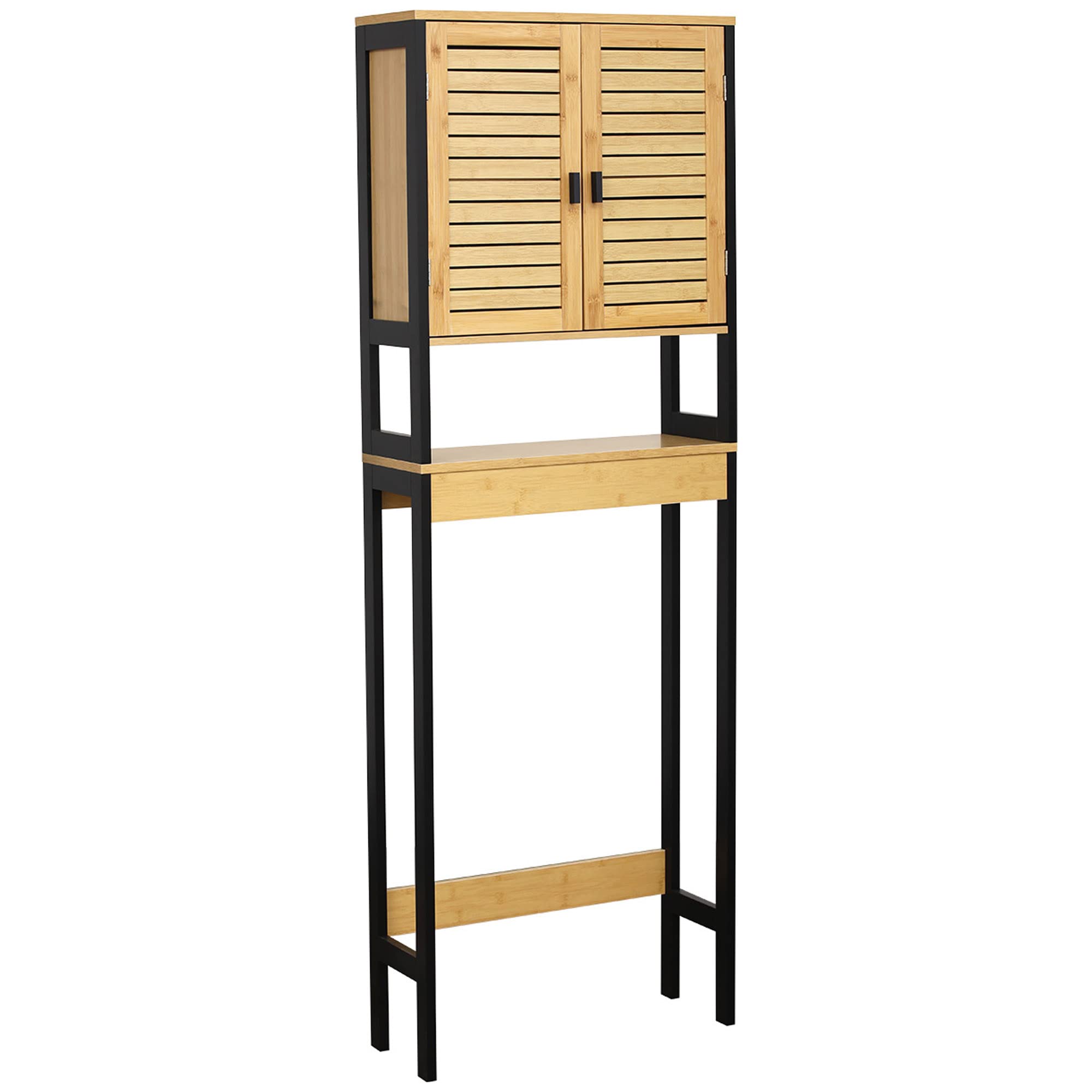 Over The Toilet Storage Cabinet - Black Bamboo Bathroom Organizer with Shelves | Space-Saving Bathroom Storage for Towels, Toiletries & Essentials