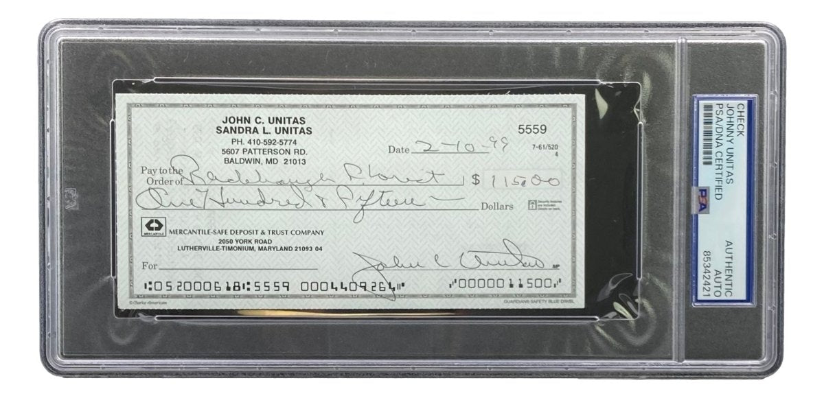 Johnny Unitas Baltimore Colts Autographed Signed Bank Check #5559 PSA/DNA Certified - Rare NFL Memorabilia for Collectors & Sports Fans