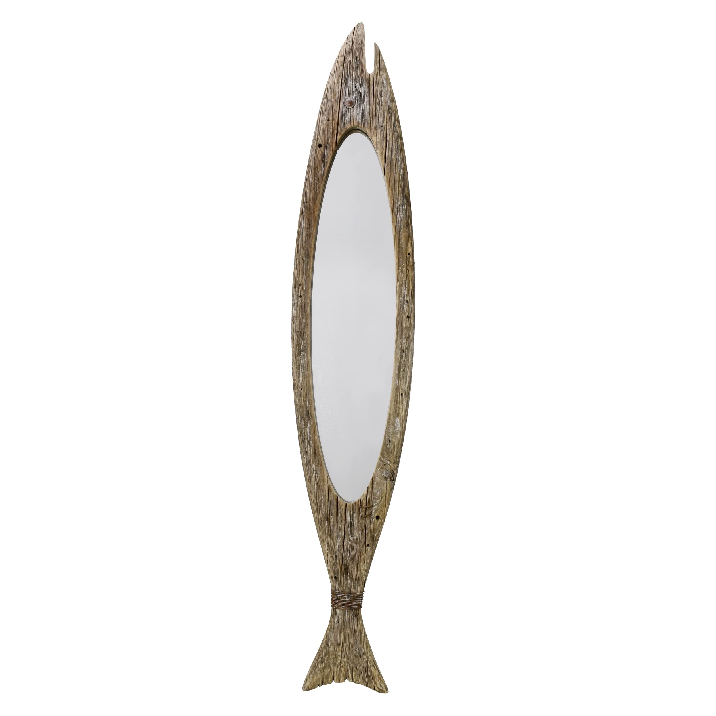 Rustic Wood Frame Hanging Wall Mirror - Fish Shape Nautical Decor for Bathroom, Living Room, Bedroom - Vertical or Horizontal Hanging Decorative Mirror - Perfect for Coastal, Beach House & Farmhouse Decor