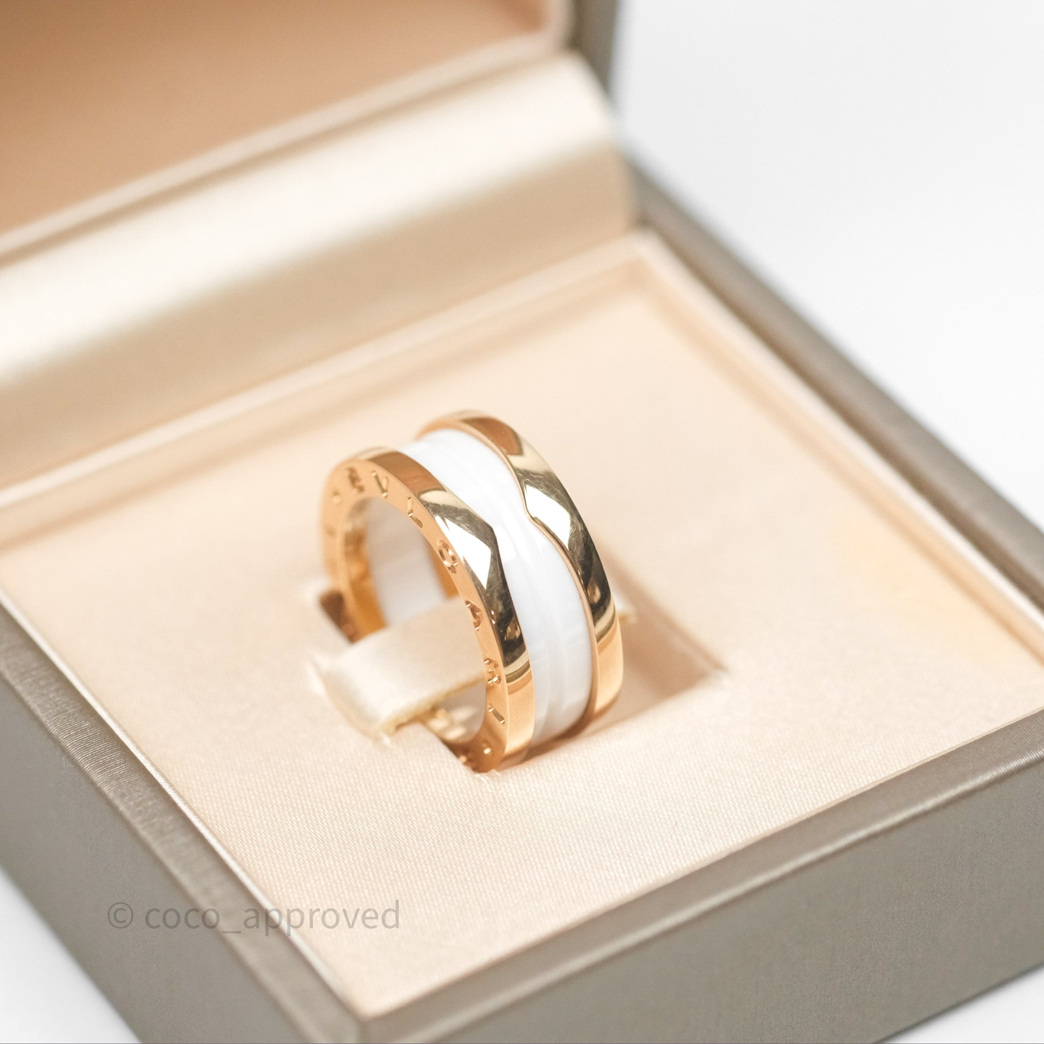 Bvlgari B.Zero1 Two Band Ring in White Ceramic & 18K Rose Gold Spiral Design - Size 49 | Luxury Italian Jewelry for Women, Perfect for Weddings, Anniversaries & Special Occasions
