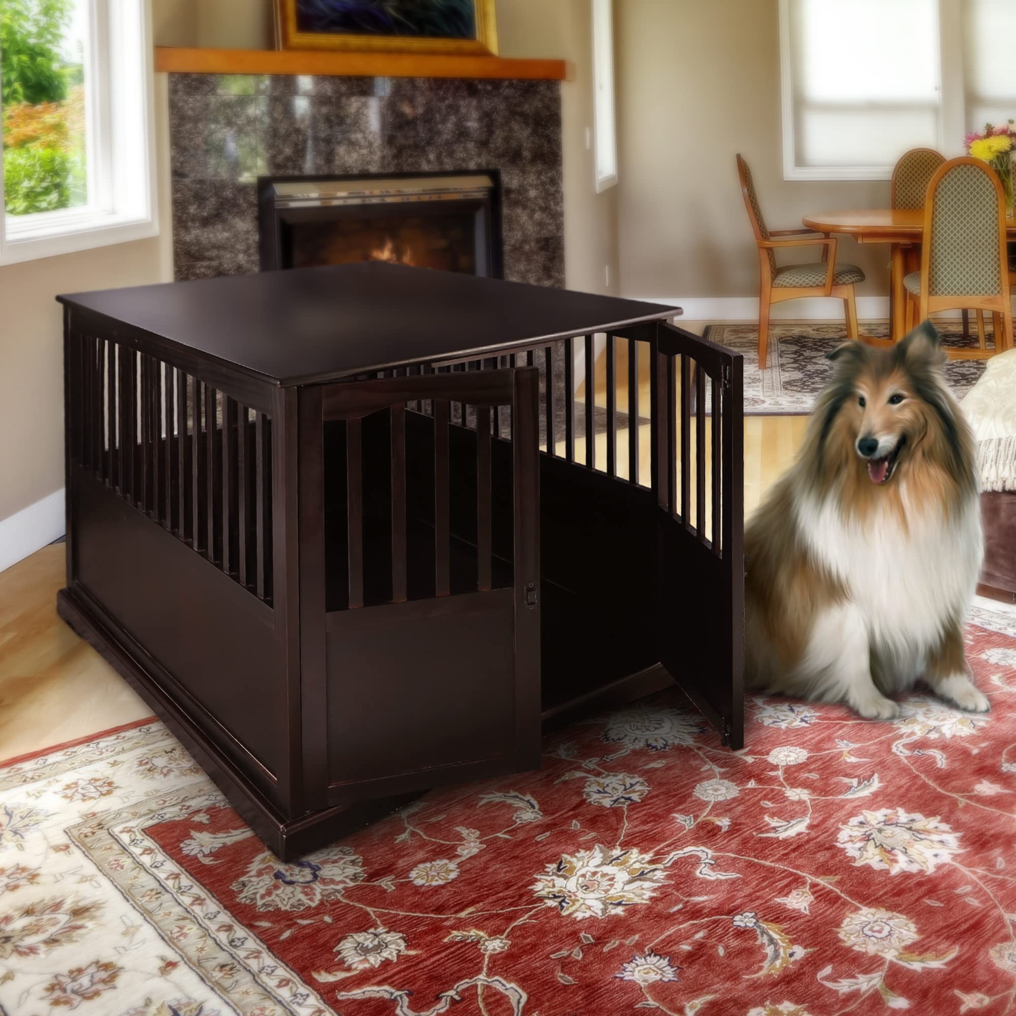 Extra Large Wooden Pet Crate & End Table in Espresso Finish - Stylish Furniture for Dogs & Cats - Perfect for Living Room, Bedroom or Office Decor