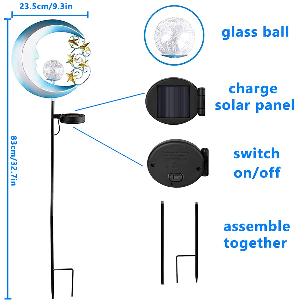 Solar Powered Moon Lights for Outdoor Garden - Waterproof Crackle Glass Ball with Golden Stars, Pathway Stake Lights for Lawn, Patio, Yard Decor (1 Pack, Blue) - Perfect for Romantic Nights, Wedding Decor & Backyard Ambiance