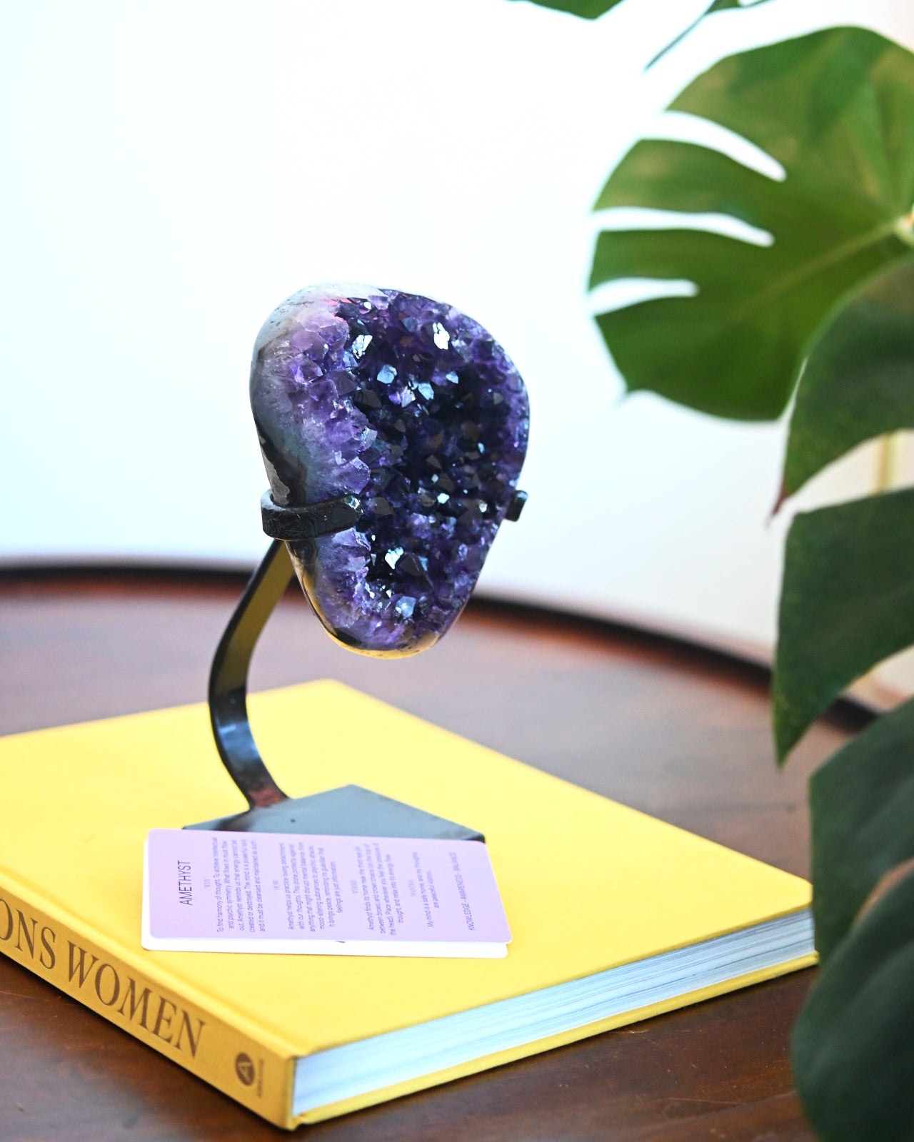 Natural Amethyst Crystal Geode on Wooden Stand - 3.8lbs Raw Purple Quartz Cluster - Home Decor, Meditation & Healing Crystal for Office Desk, Living Room, Gift Idea
