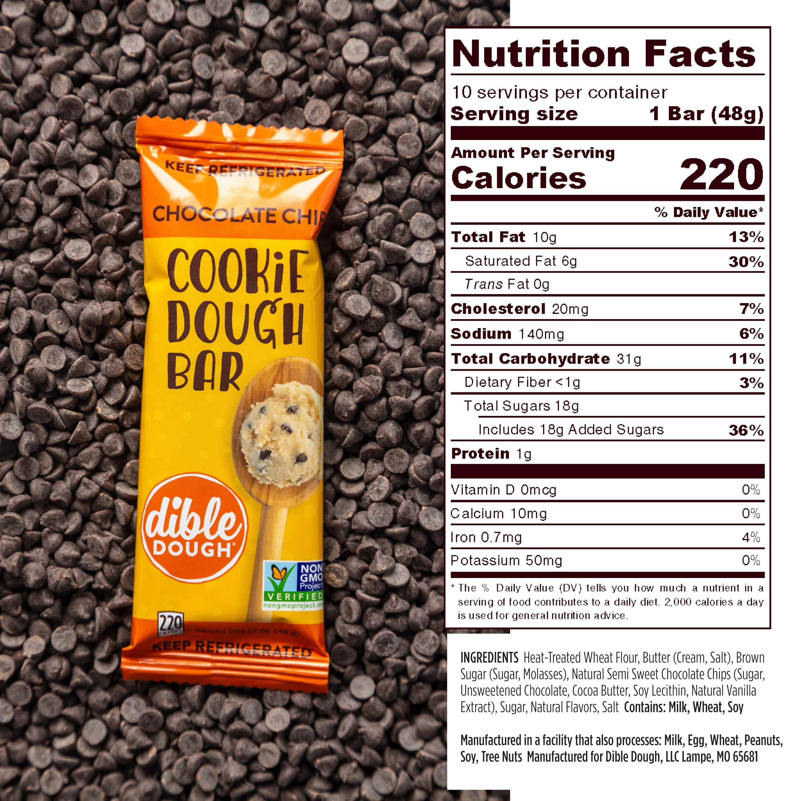 All-Natural Non-GMO Edible Chocolate Chip Cookie Dough Bars - Healthy Refrigerated Snack (10-Pack) | Perfect for School Lunches, Office Treats & Late-Night Cravings