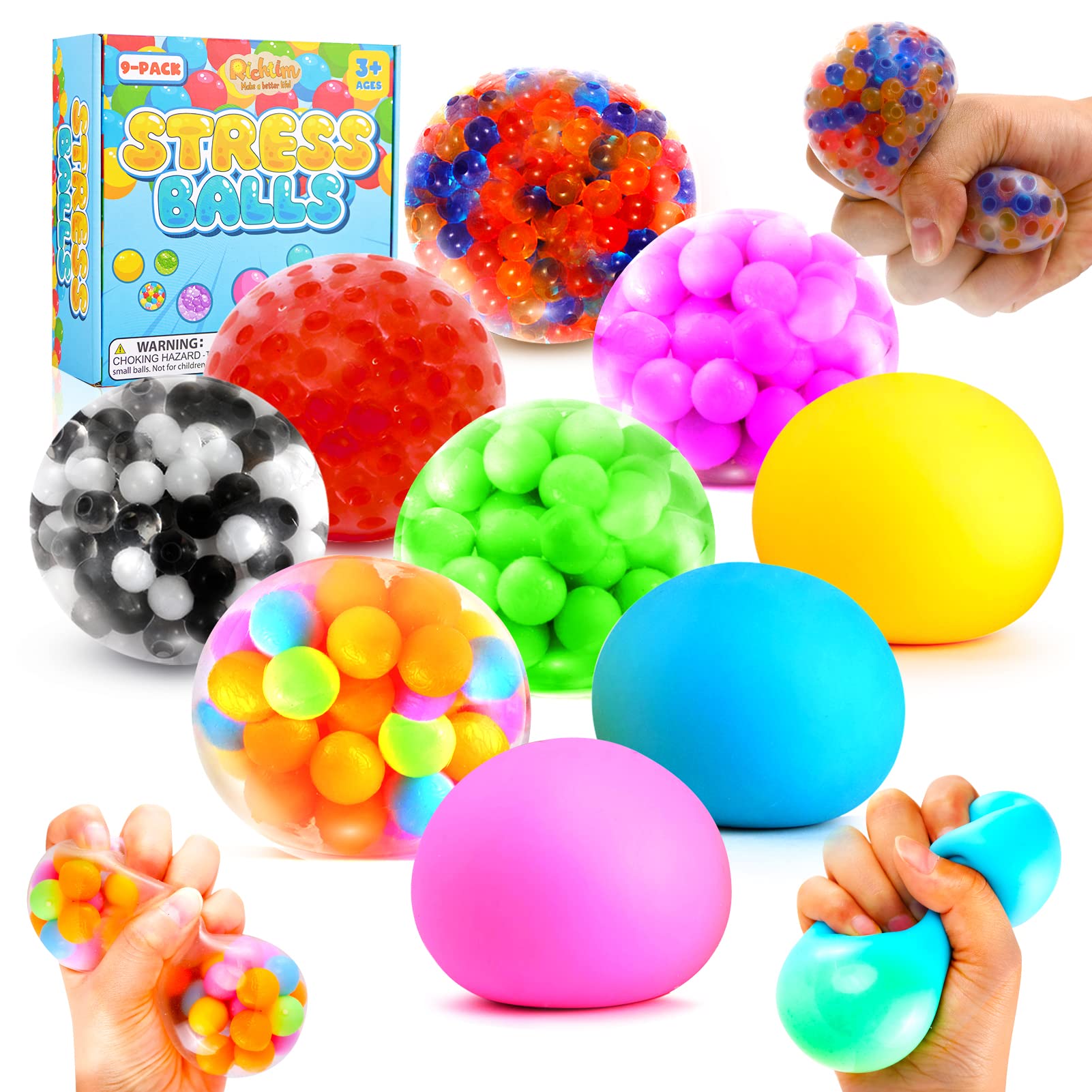 **9 Pack Squishy Stress Balls for Kids & Adults - Color Changing Sensory Toys for Anxiety Relief, Focus, Hand Exercise - Fun Fidget Toys for Autism, ADD, ADHD - Perfect for School, Office & Travel**