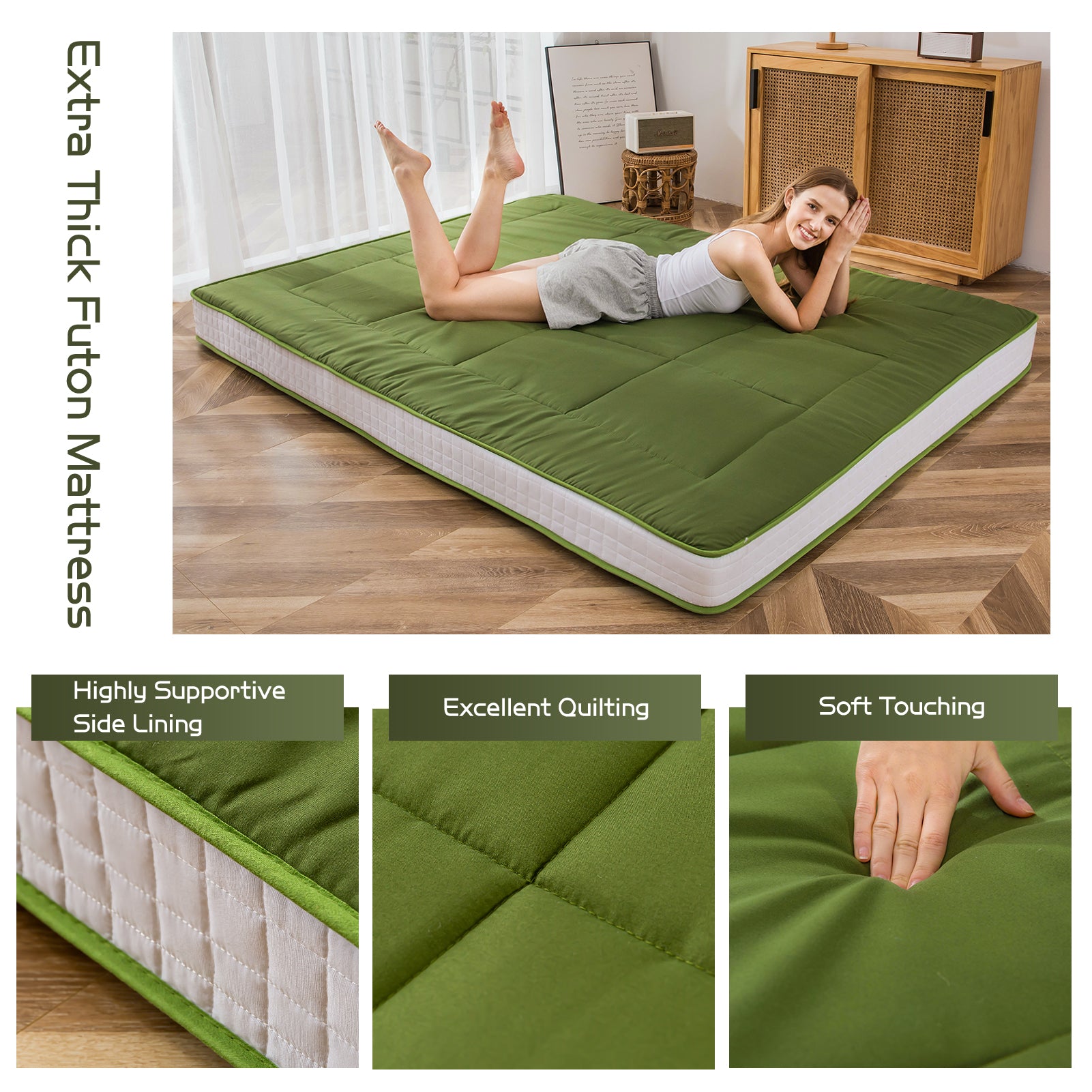 MAXYOYO Padded Japanese Floor Mattress - Green Foldable Roll Up Futon Mattress for Bedroom, Guest Room & Travel | Comfortable Floor Sleeping & Lounging
