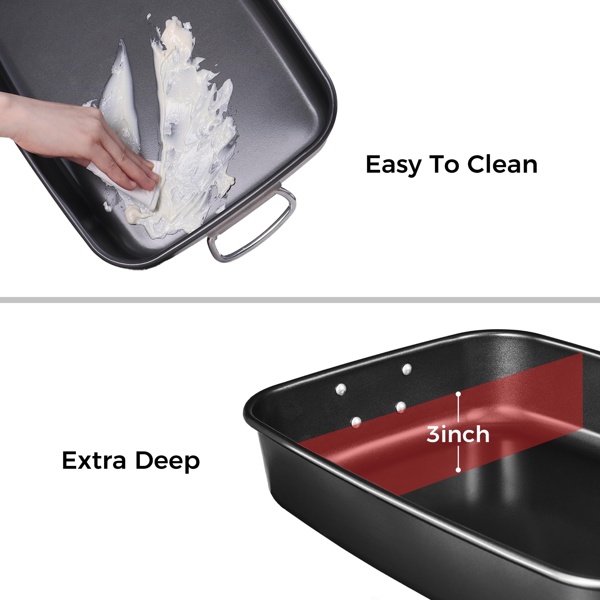 Nonstick Lasagna Pan 15x10 Inch - 3 Inch Deep Baking Dish for Oven, Brownies & Roasting | Heavy Duty Stainless Steel Handles | Dishwasher Safe Dark Grey | Perfect for Family Dinners & Holiday Cooking