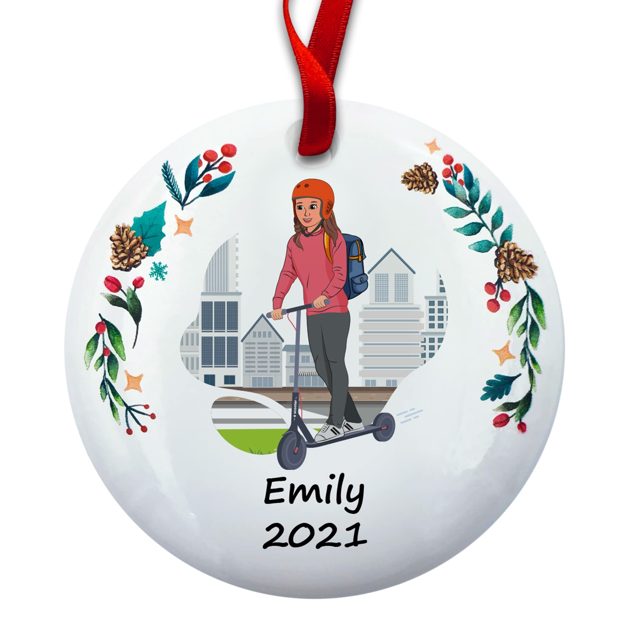 Custom Brunette Girl Electric Scooter Christmas Ornament - Perfect for Holiday Tree Decorations & Gift Giving