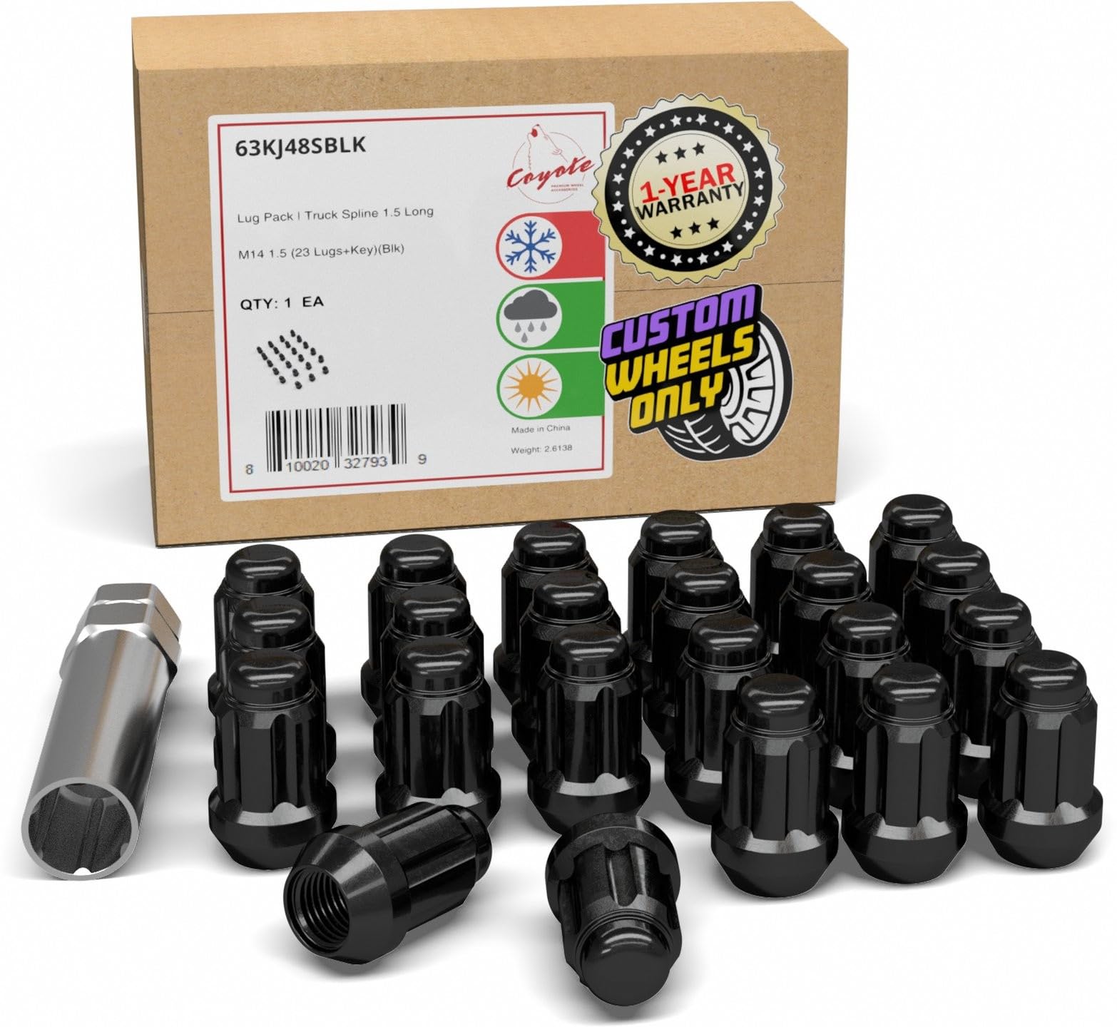 23 Pcs M14x1.5 Black Chrome Spline Lug Nuts - 1.5