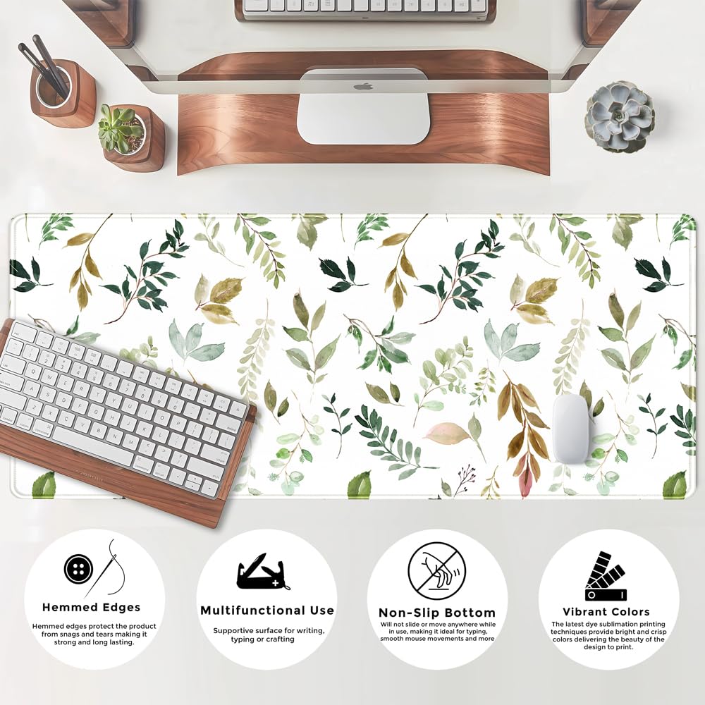 Minimalist Green Keyboard Pad with Nature Dot & Woodsy Leaves Design - Extra Large 31.5x11.8in Mouse Pad for Office, Gaming & Nursery Decor - Non-Slip Computer Laptop Desk Mat with Stitched Edges - Perfect for Workstations, Home Offices & Gaming Setups
