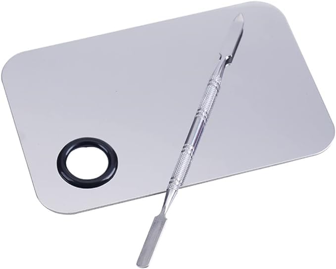 Shidara Stainless Steel Makeup Mixing Palette with Spatula - Professional Cosmetic Mixing Plate for Foundation, Eyeshadow, Eyelash & Nail Art | Silver | 1 Piece | Ideal for Makeup Artists & Beauty Enthusiasts