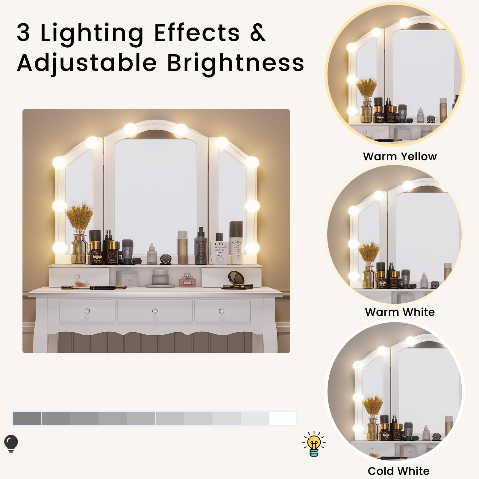 Tiptiper Makeup Vanity Set with LED Lights - White Vanity Desk with Lighted Mirror, Stool & 5 Drawers - 3 Light Modes & Adjustable Brightness for Bedroom, Dressing Room or Home Salon