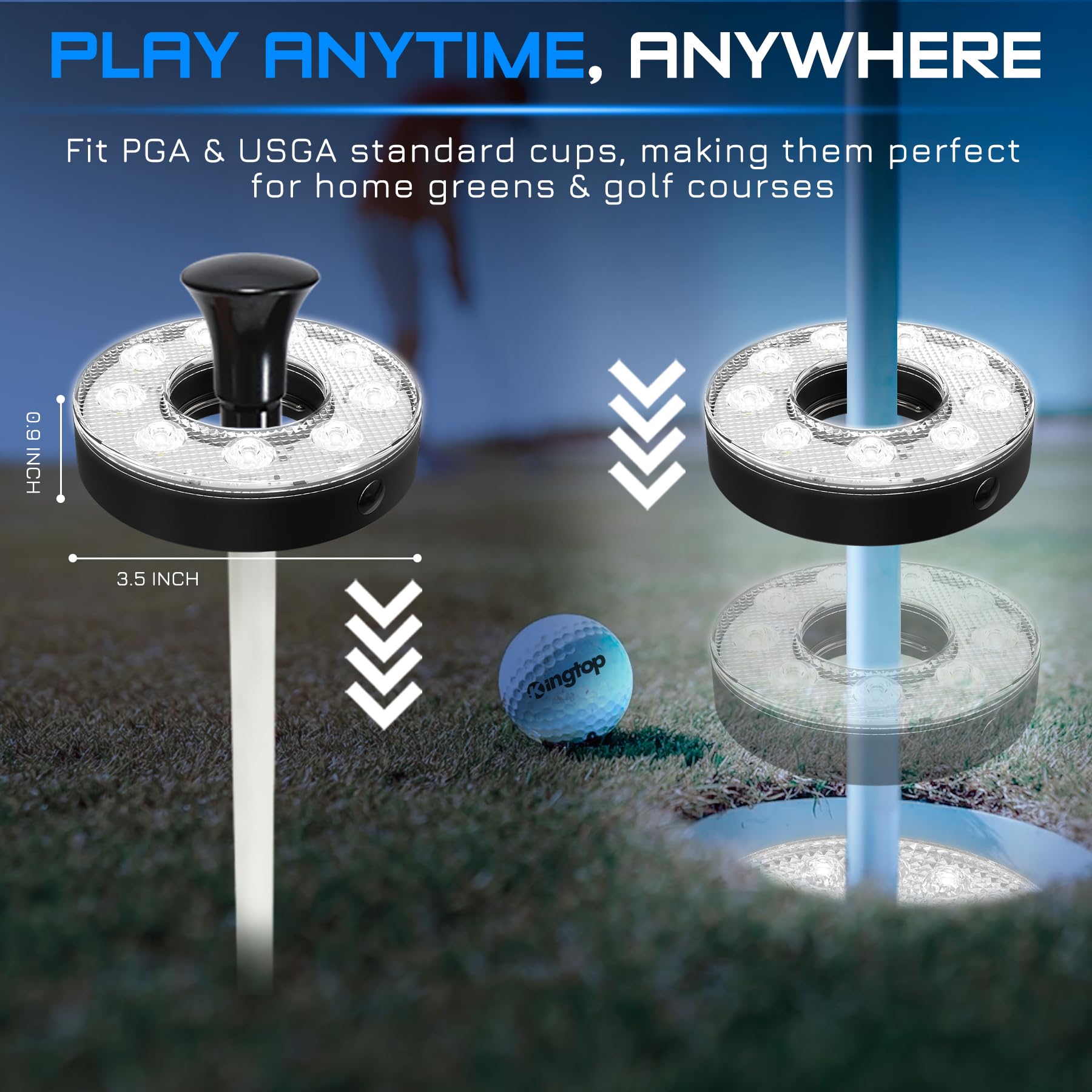 KINGTOP LED Golf Hole Light with Anti-Glare Lens - Battery Operated Putting Cup Lights for Night Golf, Backyard Practice & Parties | Glow in The Dark, Waterproof & Durable | Perfect for Indoor/Outdoor Putting Greens, Driving Ranges & Nighttime Entertainment