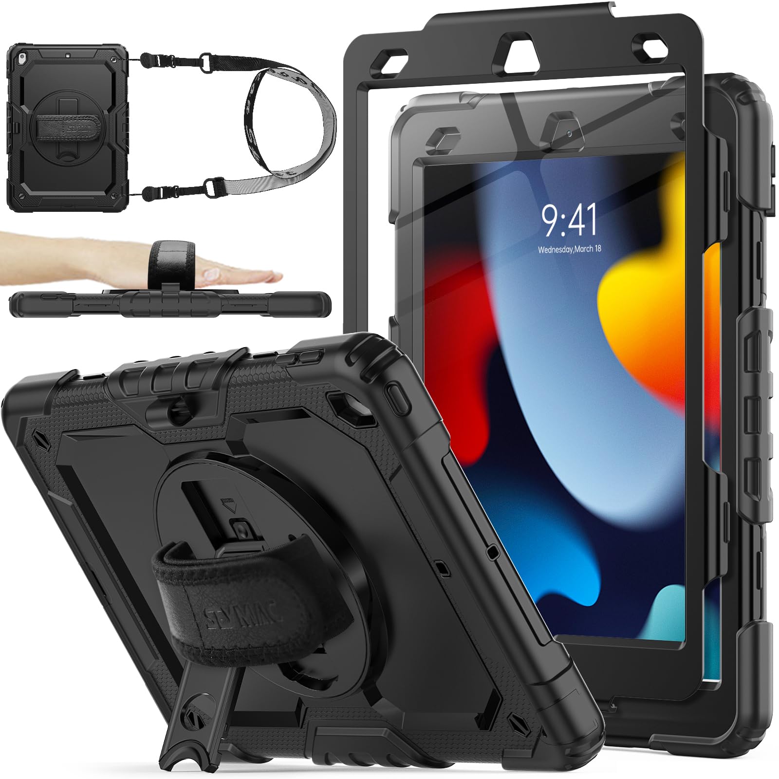 SEYMAC Shockproof Protective Case for iPad 9th/8th/7th Generation 10.2 Inch (2021-2019 Models) - with Built-in Screen Protector, 360° Rotating Hand Strap, Pencil Holder & Stand - Perfect for Work, School and Travel (Black)