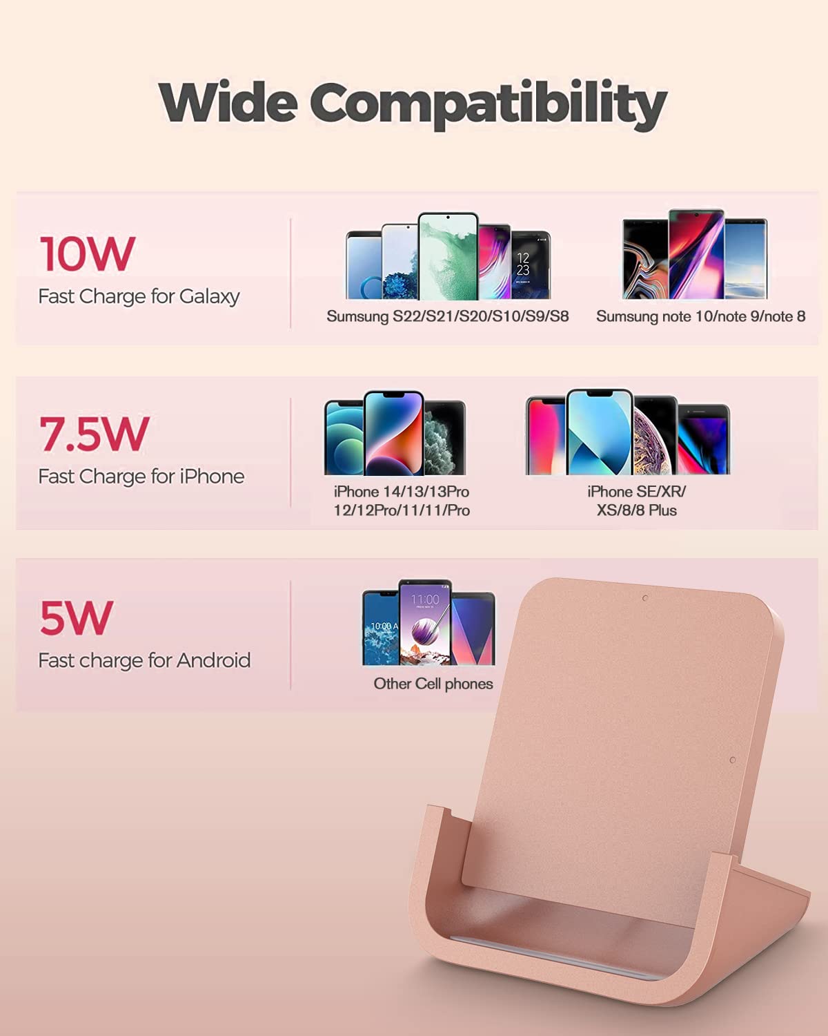 YUWISS Wireless Charging Stand - 10W/7.5W/5W Fast Qi-Certified Charger for iPhone 14/13/12/11/X Series & Galaxy S22/S21/S9/S8/Note - Rose Gold | Perfect for Bedside, Office & Car Charging
