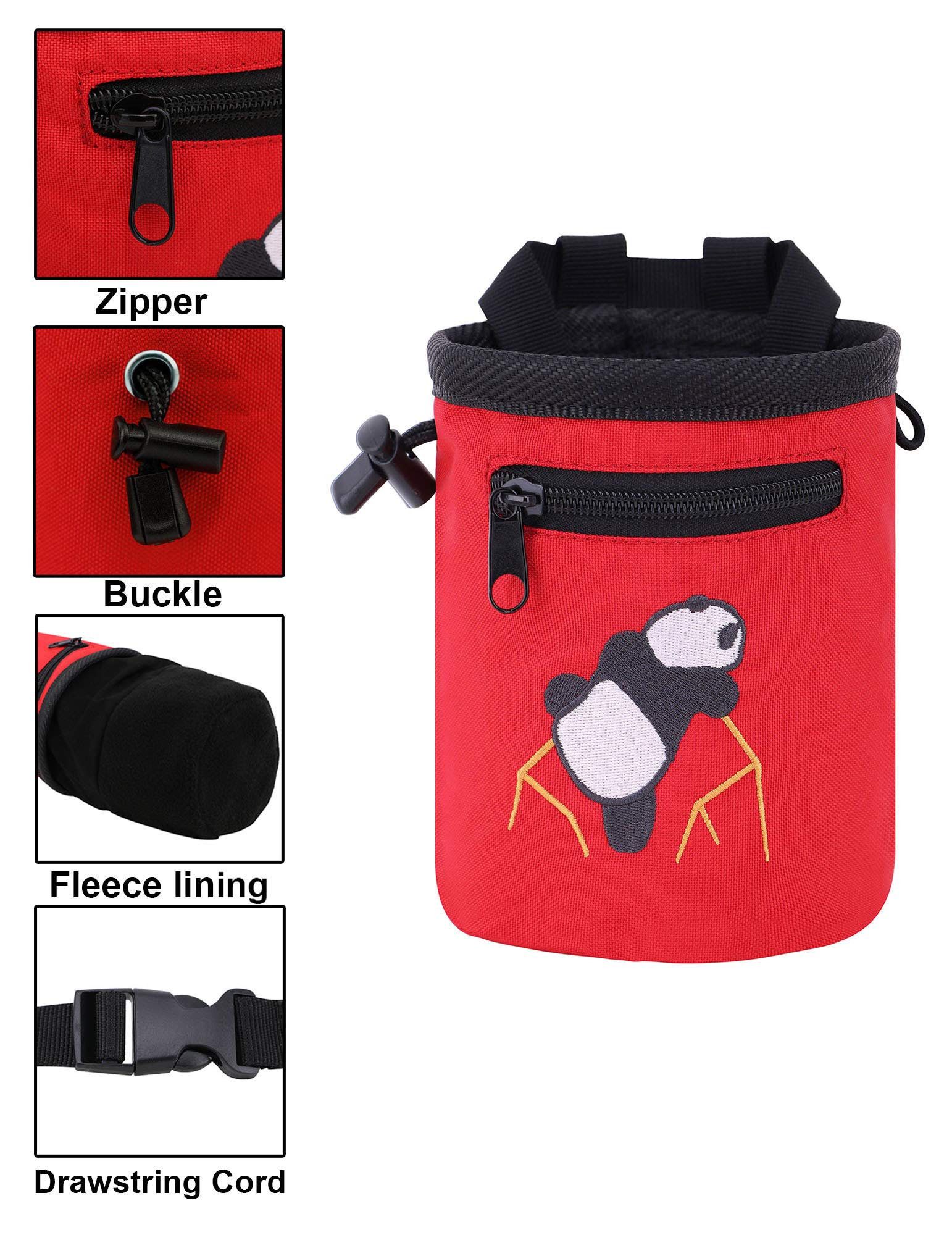 AMC Rock Climbing Chalk Bag with Panda Embroidery & Zipper Pocket - Perfect for Bouldering, Gym Training & Outdoor Climbing Adventures