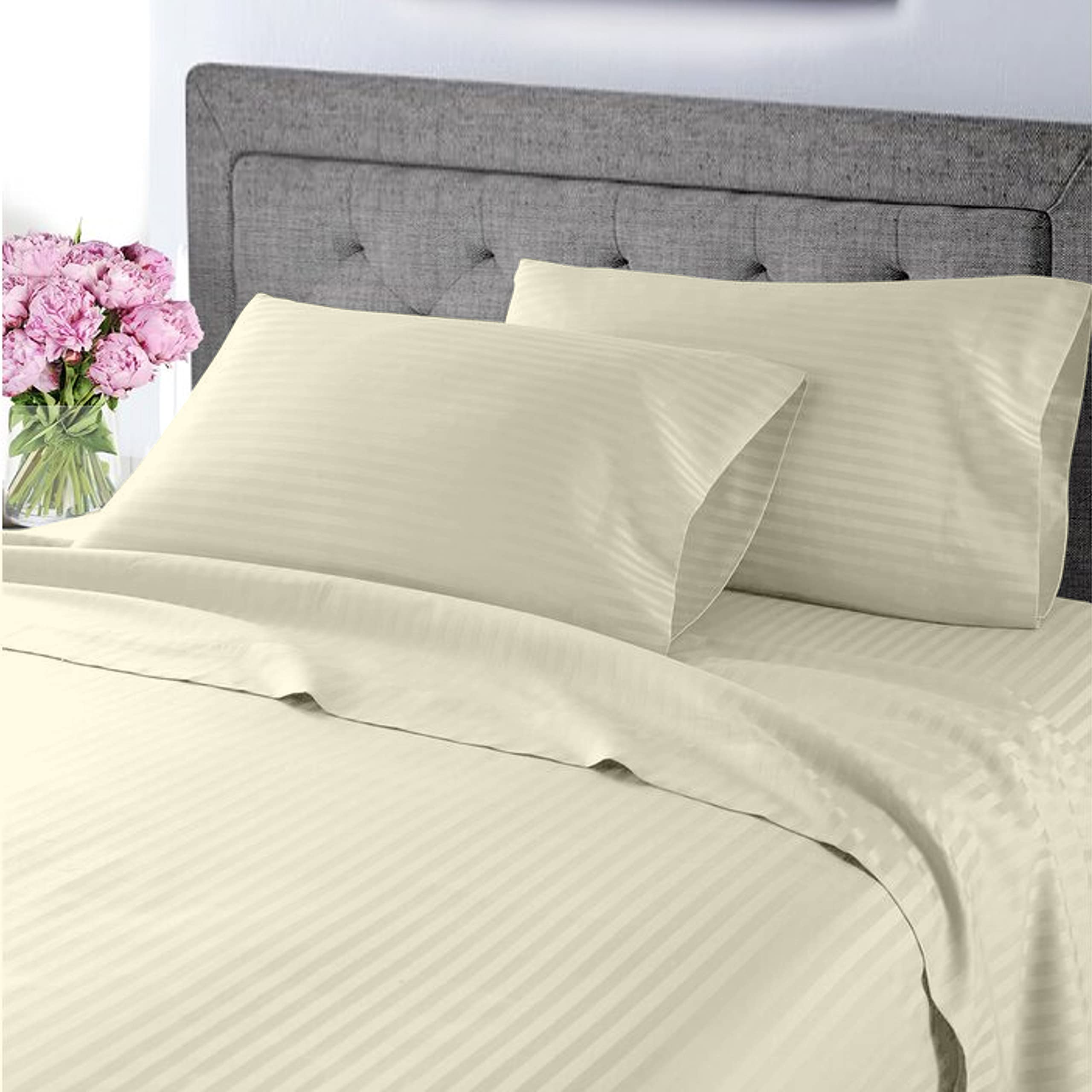 100% Certified Giza Cotton Pillowcase & Sheet Set - Queen Size Egyptian Cotton, Soft Sateen Weave, Breathable Fabric, Fits 15-Inch Deep Pocket Mattress - Ivory Stripe for Luxurious Bedroom Comfort