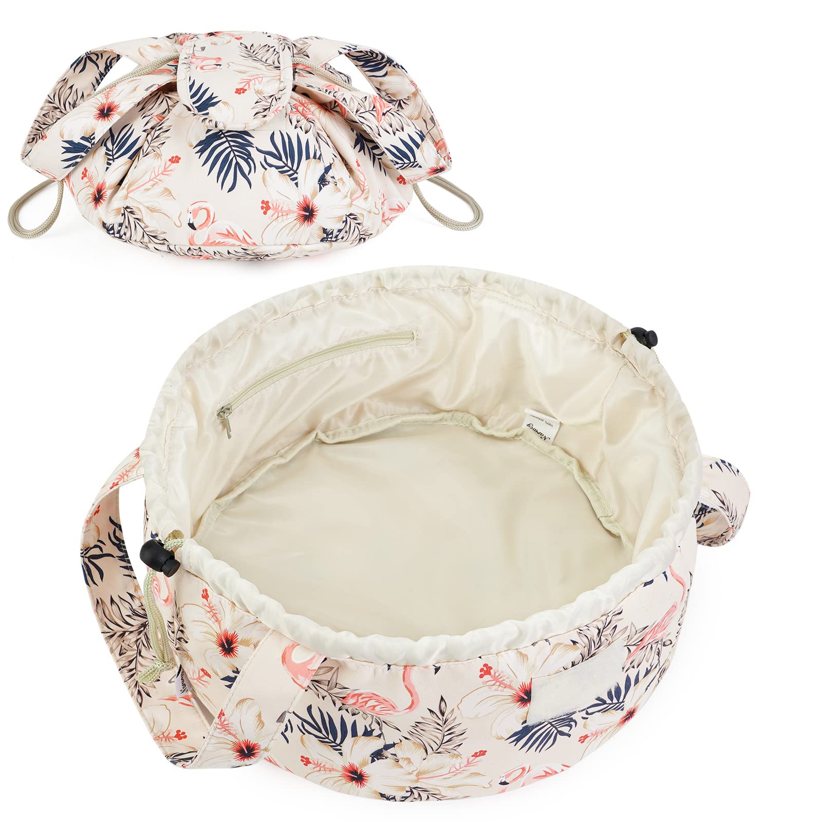 Floral Drawstring Makeup Bag for Women - Large Cosmetic & Toiletry Organizer with Patent Design (Beige Flamingo Print) - Perfect for Travel, Gym, and Daily Beauty Storage