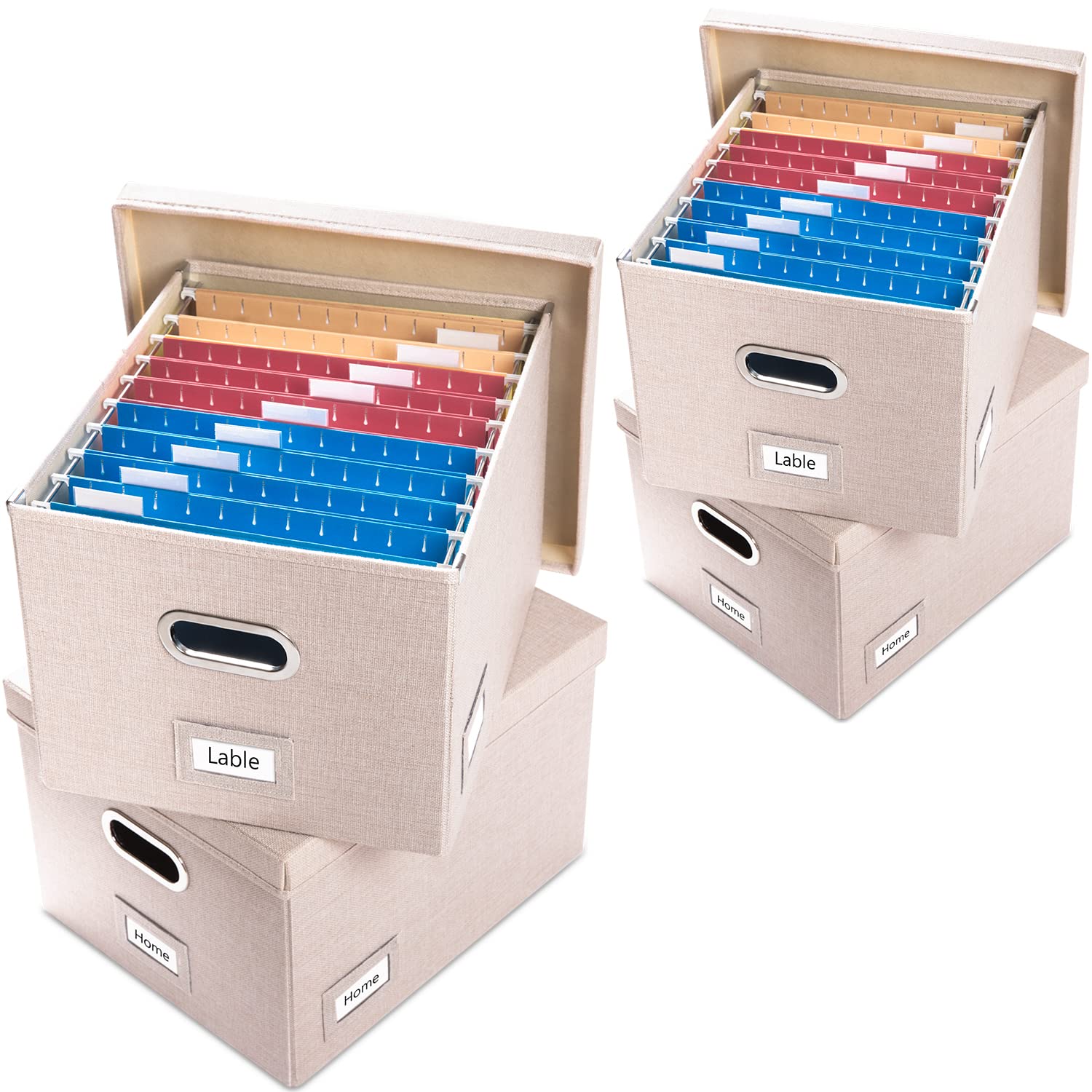 PRANDOM File Organizer Box Set of 4 - Collapsible Linen Storage Bins with Lids for Office Cabinet, Letter/Legal Size (17x14x11.2 Inch), Light Grey - Perfect for Home Office Organization, Document Storage & Filing System