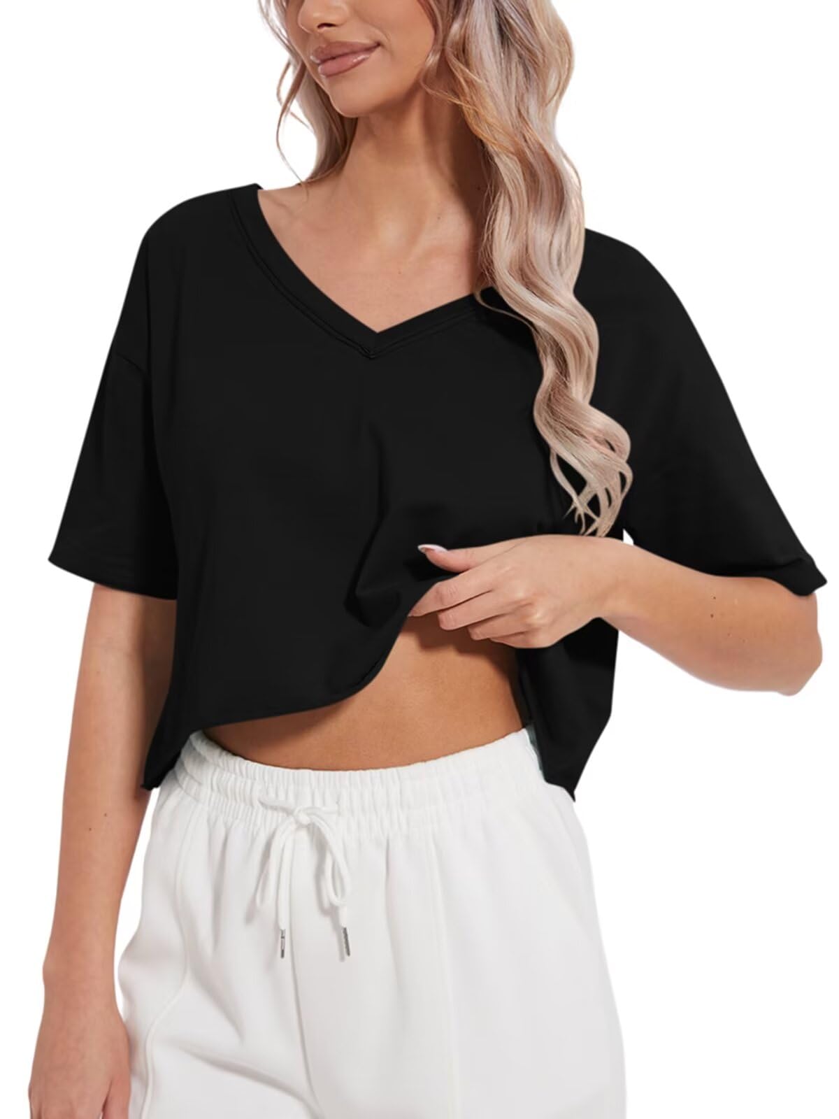 Women's Oversized V-Neck Crop Top - 100% Cotton Short Sleeve Boxy Tee for Workout & Casual Wear | Trendy Spring Summer 2025 T-Shirts for Gym, Yoga, Beach & Everyday Fashion