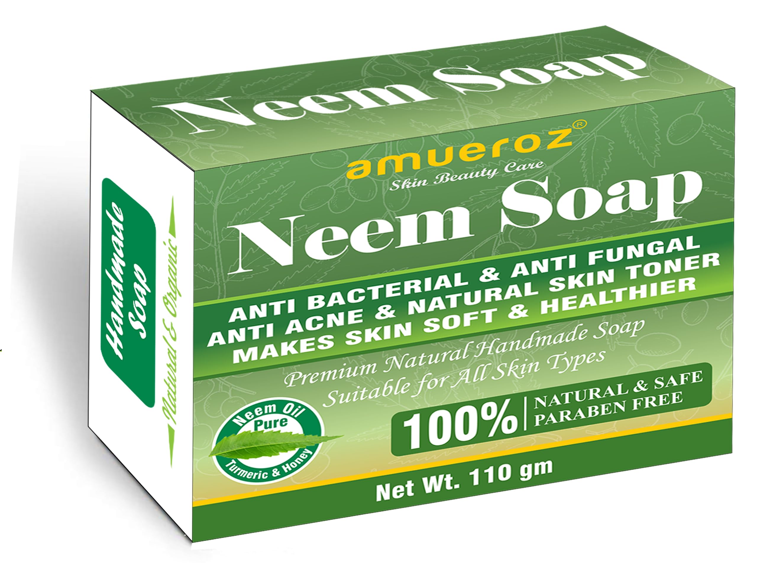 Amueroz Neem Soap - 100% Natural Handmade Anti Acne Bath Bar | Organic Anti Fungal & Antibacterial Soap for All Skin Types | 110g | Perfect for Daily Cleansing, Acne Treatment & Sensitive Skin Care