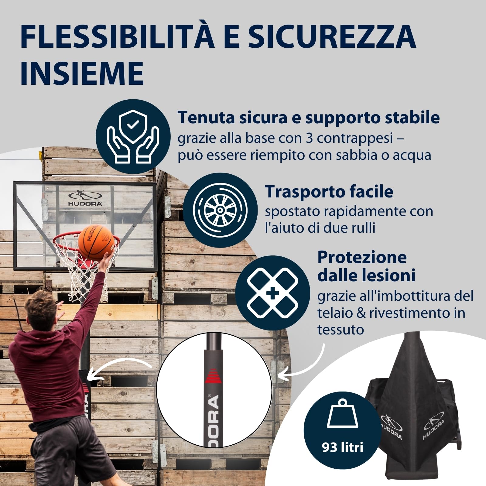 HUDORA Competition Pro Adjustable Height Basketball Hoop for Kids, Teens & Adults - Portable Outdoor Basketball Goal with Wheels - Perfect for Driveway, Backyard & Park Play