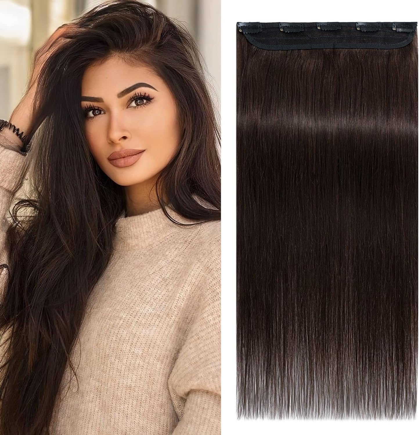 OSEN 26 Inch Synthetic Brown Straight Hair Extensions with 5 Clips - 3/4 Head Wavy Hairpiece for Women & Girls | Perfect for Parties, Weddings & Daily Styling