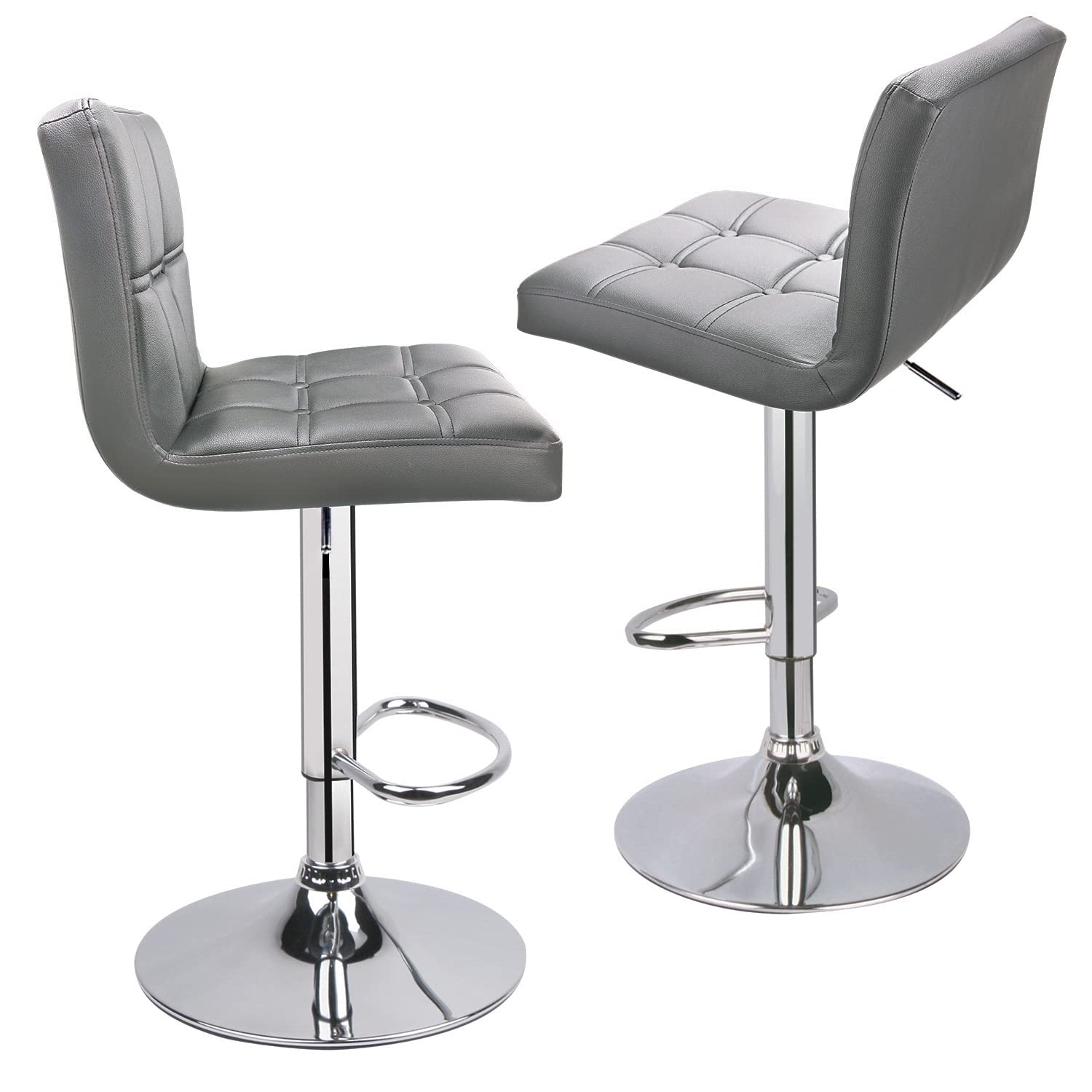Adjustable PU Leather Bar Stools (Set of 2) - Modern Kitchen Island Counter Stools with Square Back & Double Stitching - Light Grey - Perfect for Breakfast Nook, Dining Area & Home Decor