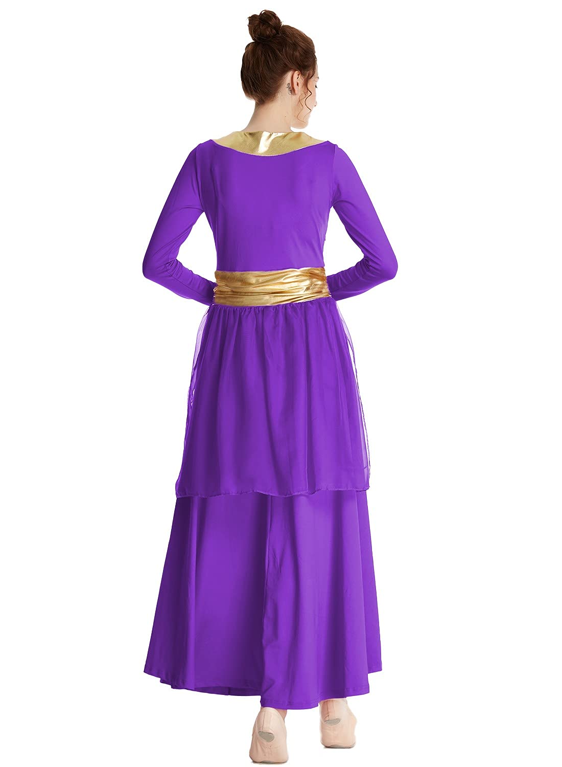 REXREII Women's Praise Dance Robe - Metallic Waistband Long Sleeve Liturgical Worship Dress with Chiffon Skirt for Church Performances, Choir Concerts & Lyrical Dance Costume - Perfect for Easter, Christmas & Baptism Ceremonies