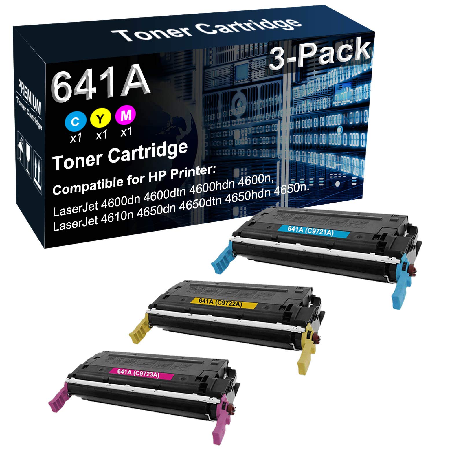 3-Pack (Cyan, Yellow, Magenta) High-Yield Compatible 641A (C9721A/C9722A/C9723A) Laser Toner Cartridges for HP 4600dn/4600dtn/4610n/4650dn/4650dtn Printers - Office & Home Printing Solution
