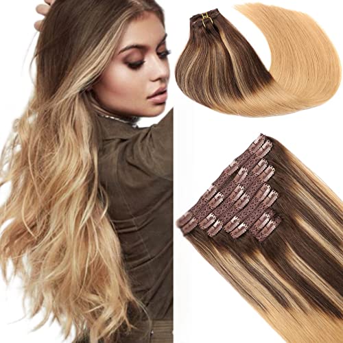 SEACOLOR 8-Piece Clip-in Human Hair Extensions 22 Inches 160g Thick 100% Remy Hair Ombre Chocolate Brown to Dirty Blonde Straight | Perfect for Daily Styling, Parties, Weddings & Special Occasions