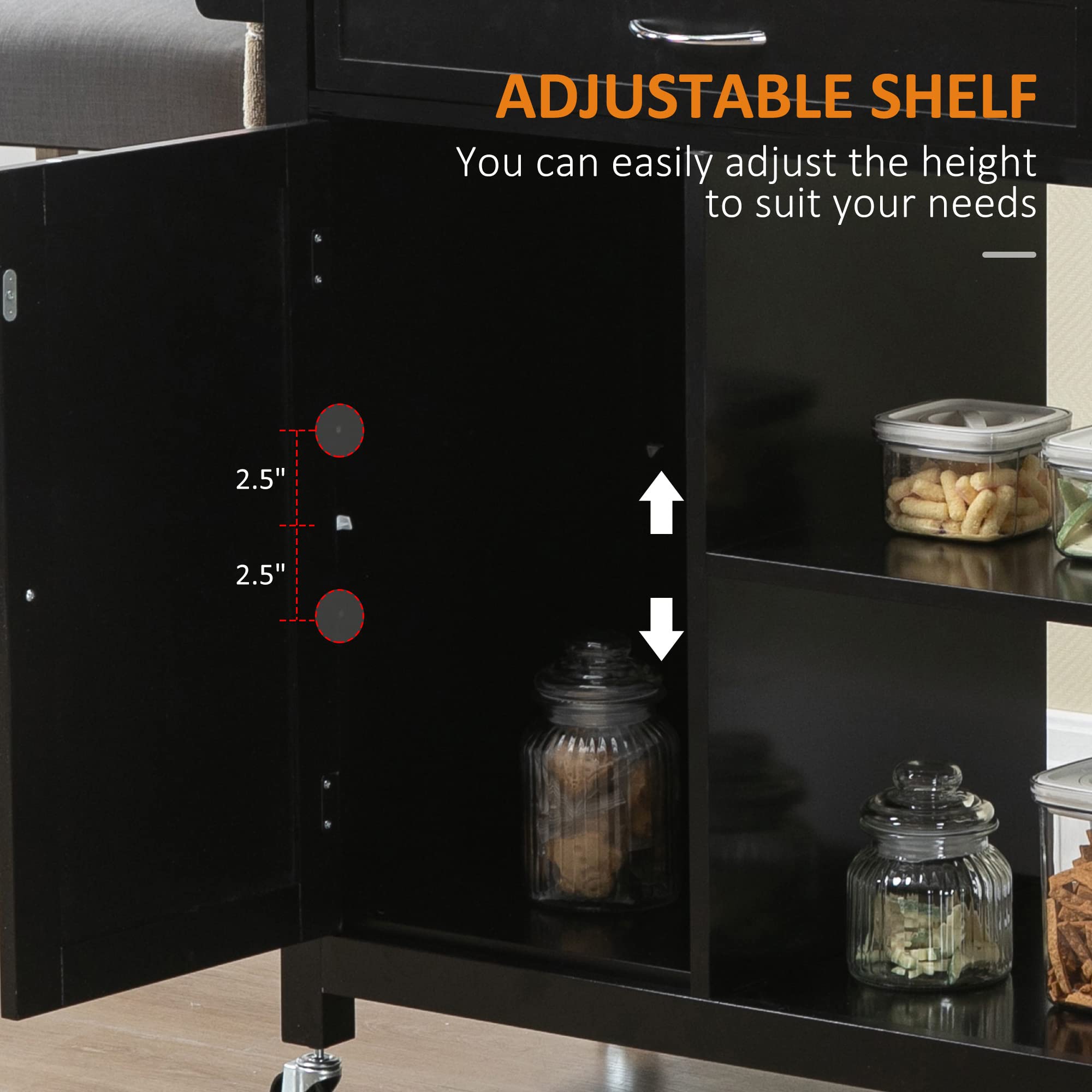 HOMCOM Kitchen Island Cart with Storage Shelf & Drawer - Solid Wood Top, Rolling Mobile Kitchen Cart for Dining Room - Black | Perfect for Small Kitchen Storage & Food Prep Station