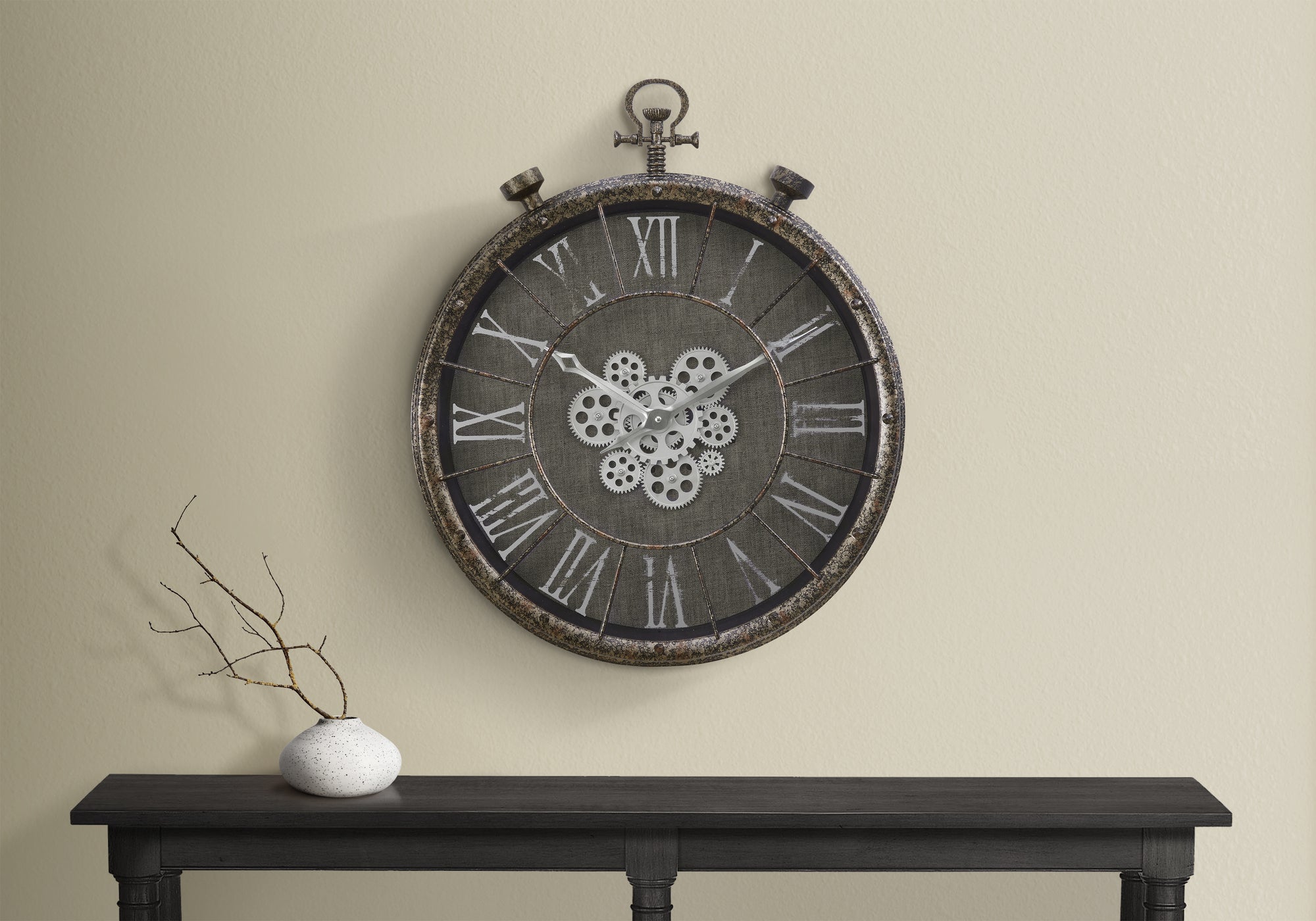 24 Inch Grey Round Wall Clock with Exposed Gear Mechanism - Vintage Industrial Style for Living Room, Bedroom, Office Decor
